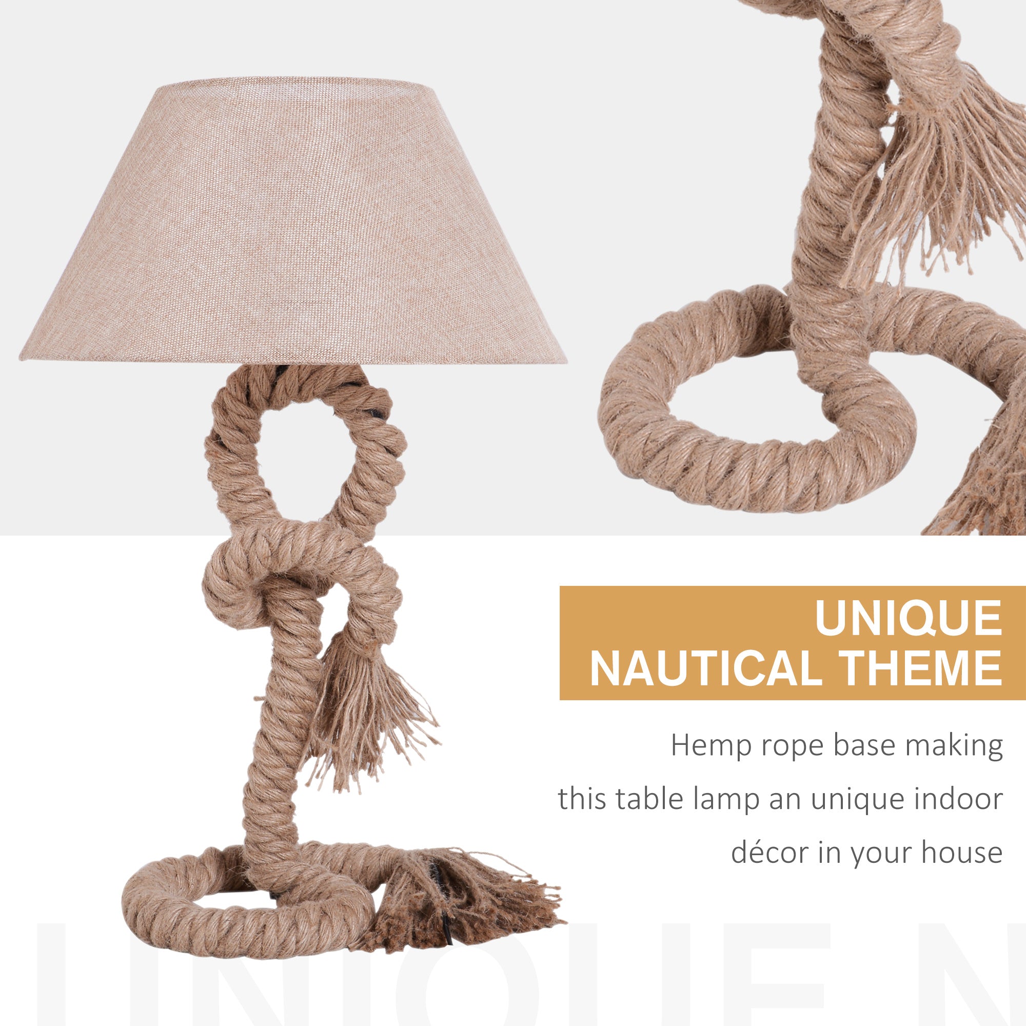 HOMCOM Table Lamp Bedside Light Indispensable Nautical Twisted Rope Glow E27 Bedroom Living Room Beige - North Peak Garden Furniture