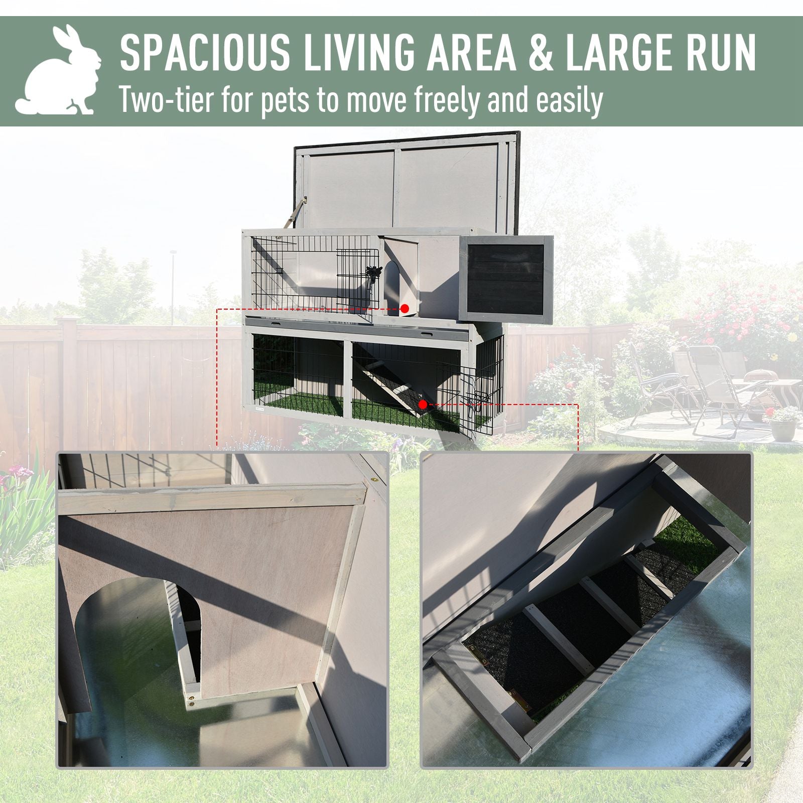 PawHut Small Animal Two-Level Fir Wood Guinea Pigs Hutches Bunny Cage w/ Slide Out Tray Grey - North Peak Garden Furniture