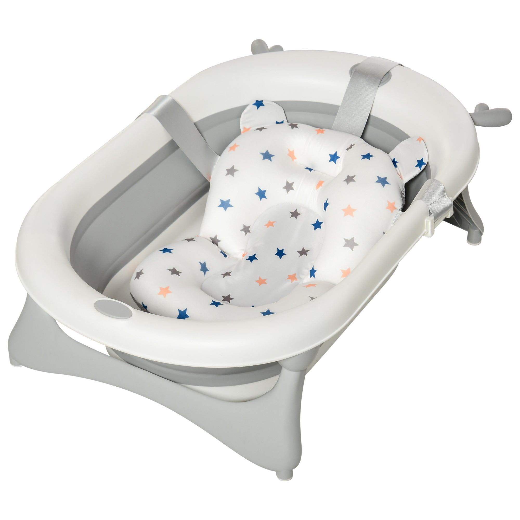 HOMCOM Foldable Baby Bathtub Set, Collapsible Bath Tub with Thermostatic Water Plug, Non-Slip Support, Cushion Pad, Drain Plugs, for Newborn to 3 Years - Offwhite - North Peak Garden Furniture