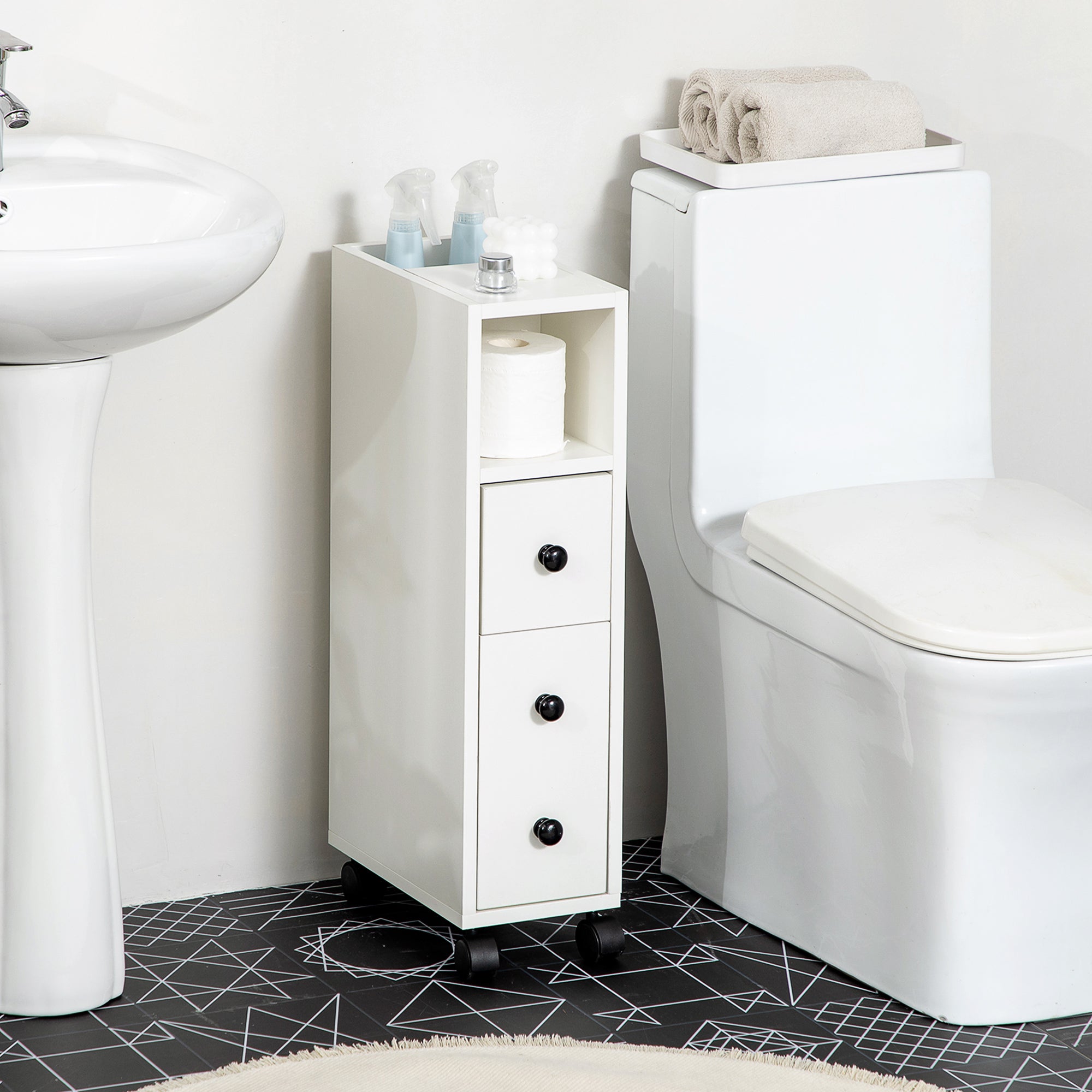 kleankin Slimline Bathroom Storage Unit w/ 2 Drawers 2 Open Compartments Wheels Handles Freestanding Compact Home Office Furniture White