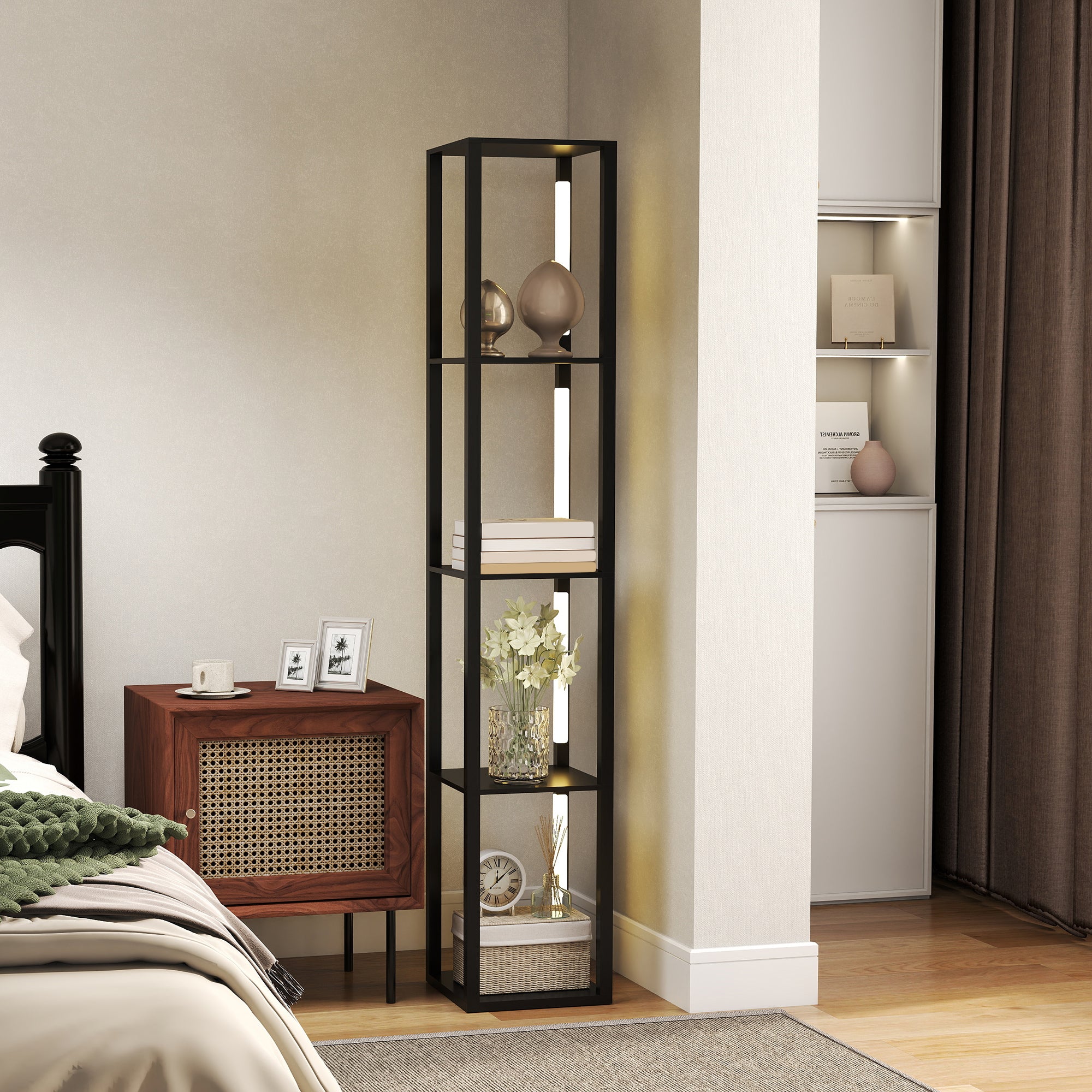 HOMCOM Floor Lamp with Shelves, 4 Layer Dimmable Column Modern Standing Lamp with 3 Brightness Levels and Foot Switch for Living Room, Bedroom, Office, Black - North Peak Garden Furniture