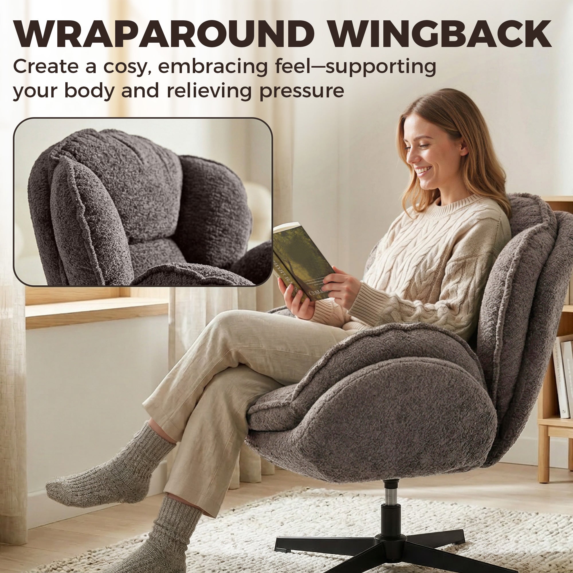 HOMCOM Modern Wingback Accent Chair, Velvet Armchair with Four-Star Base, S-Springs, Swivel, Grey