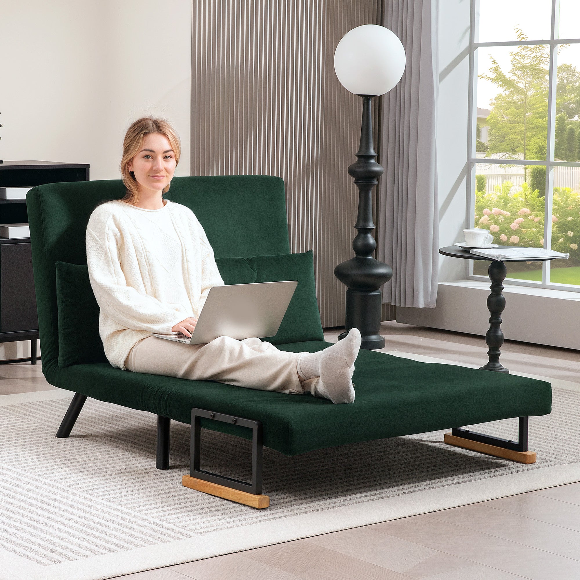 HOMCOM 4-in-1 Velvet-Feel Double Sofa Bed, with Pillows - Green - North Peak Garden Furniture