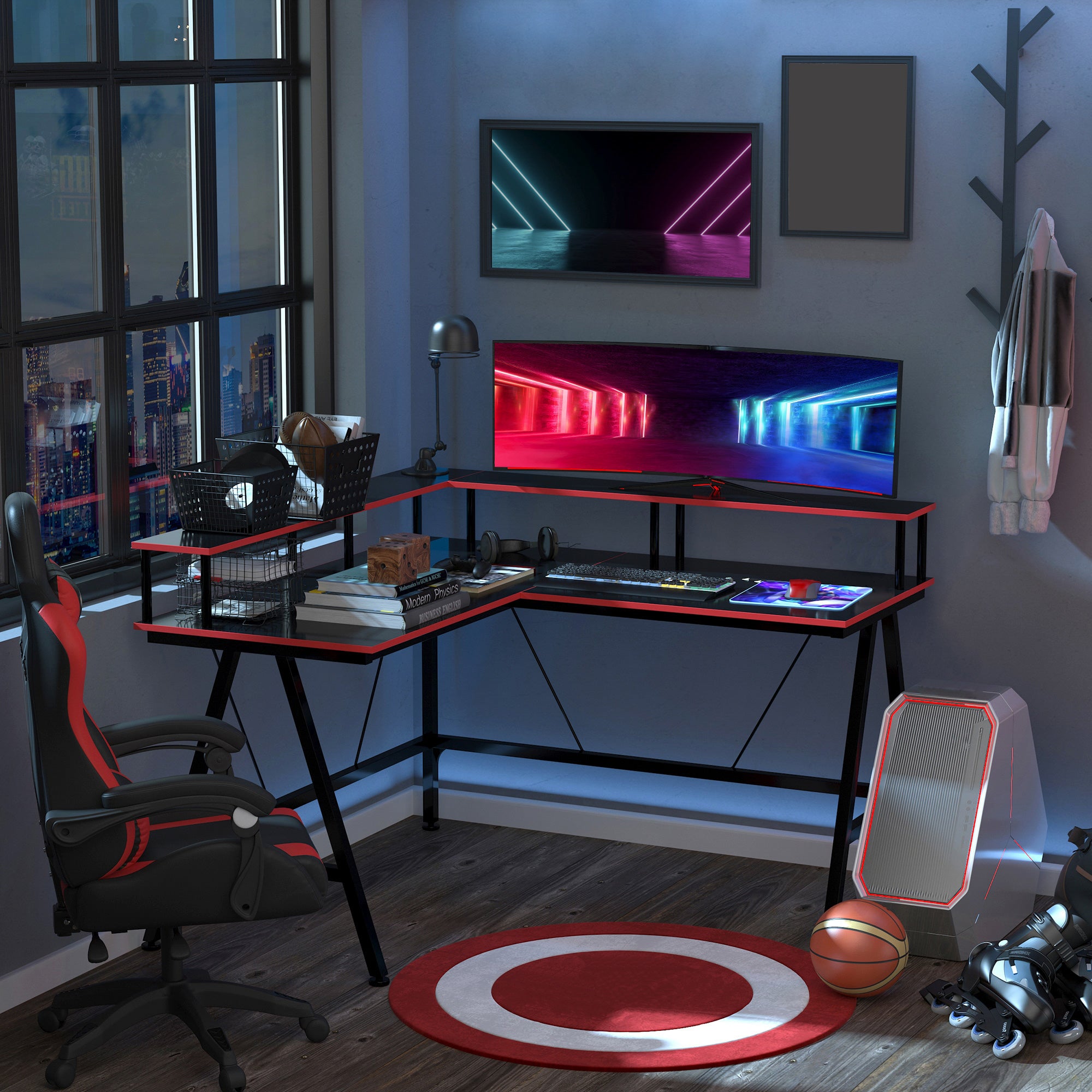 HOMCOM L Shaped Gaming Desk, Corner Computer Desk with Monitor Stand for Home Office, 140 x 130 x 93cm, Black and Red - North Peak Garden Furniture