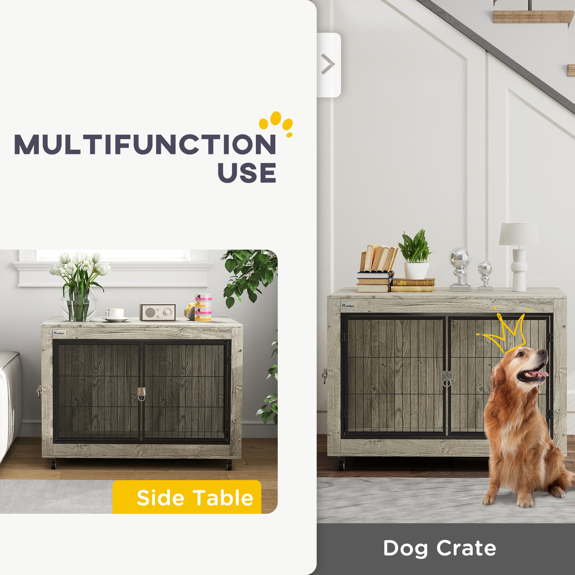 PawHut Dog Crate Furniture with Wheels, Double Doors, for Large Dogs, 100 x 60 x 73.5cm, Grey