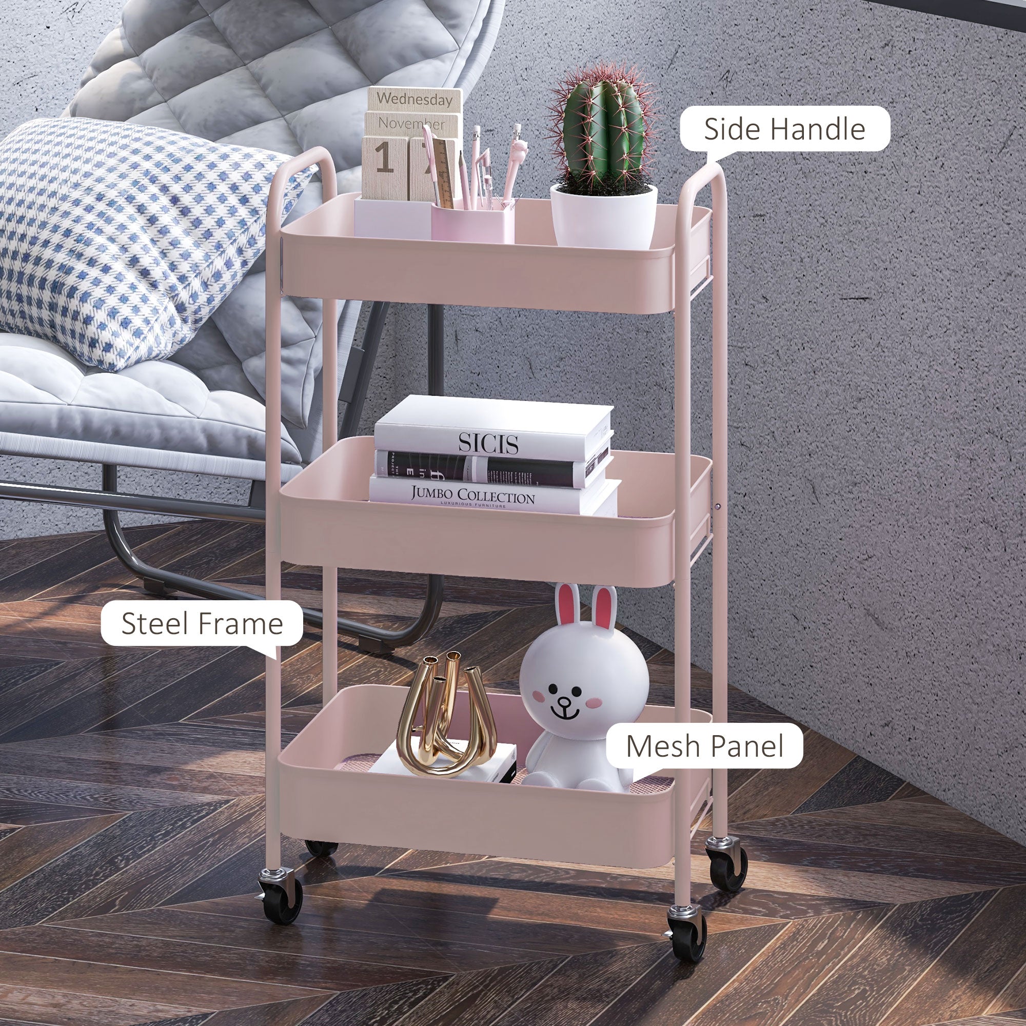 HOMCOM Three-Tier Steel Storage Trolley - Pink - North Peak Garden Furniture
