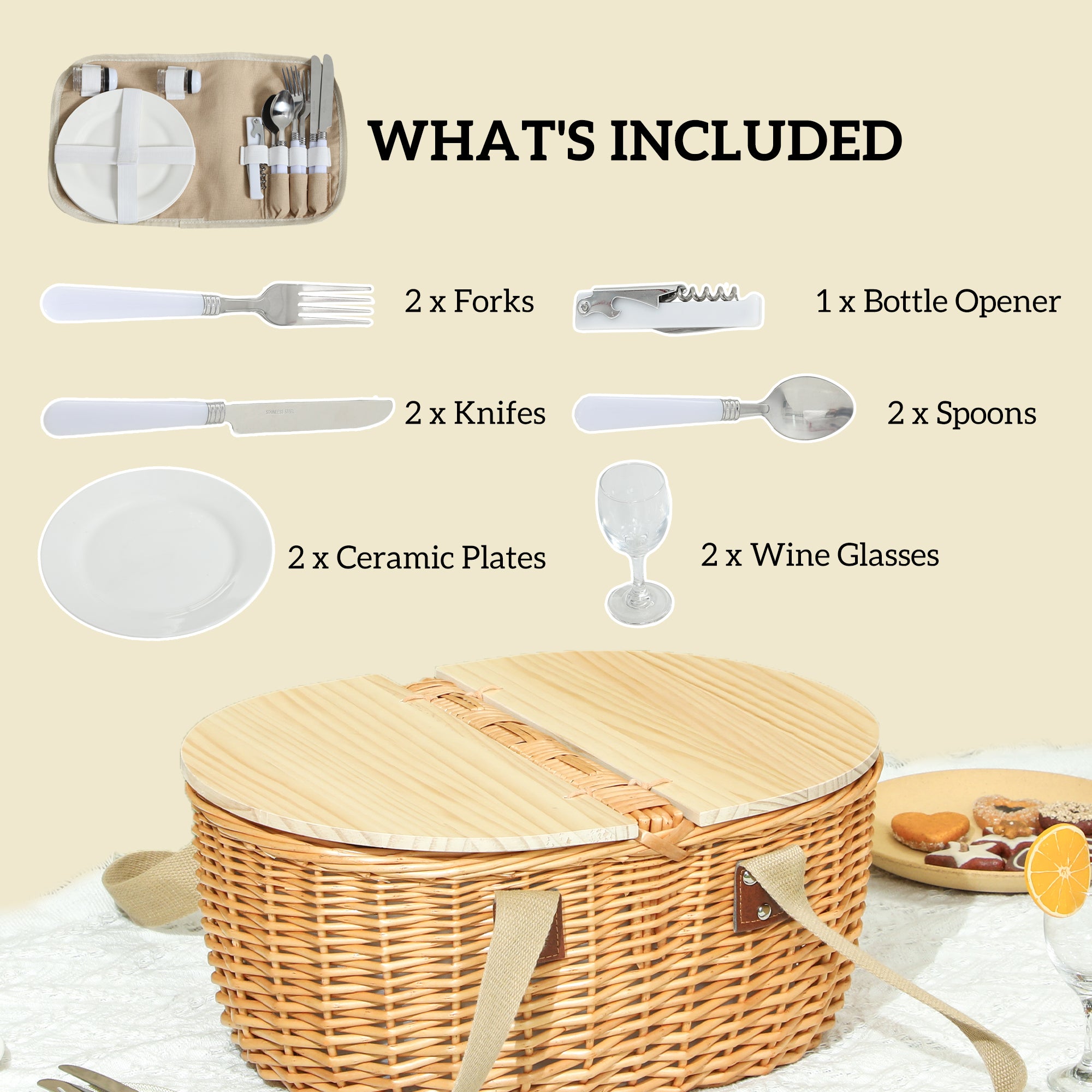 Outsunny Wicker Picnic Basket for 2 with Pine Wood Lid, Picnic Hamper with Cooler Compartment, Cutlery Service Kits, Carry Handle for Camping, Outdoor, Valentine Day, Chirtmas, Birthday, Light Brown - North Peak Garden Furniture
