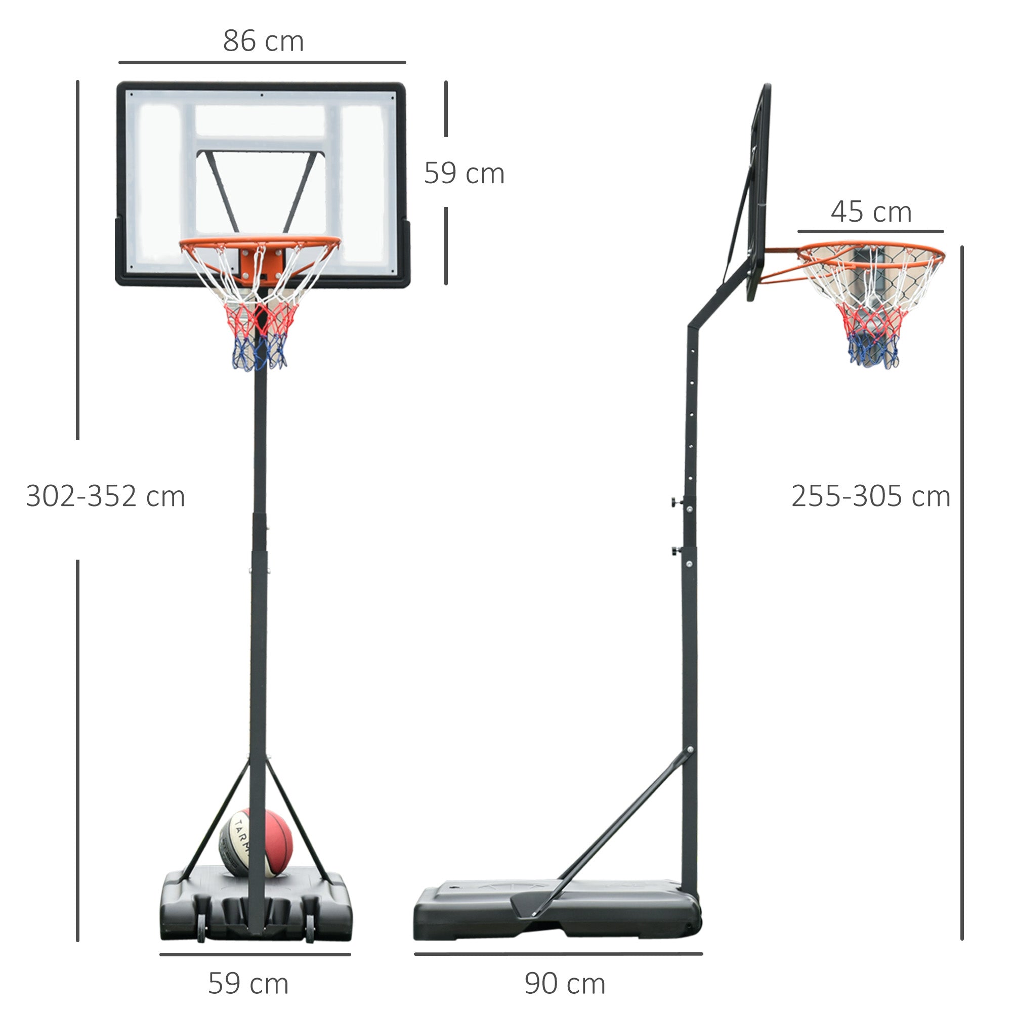 HOMCOM Basketball Hoop Freestanding 255-305cm Hoop Height Adjustable Stand with Backboard Wheels for Teens Adults Black