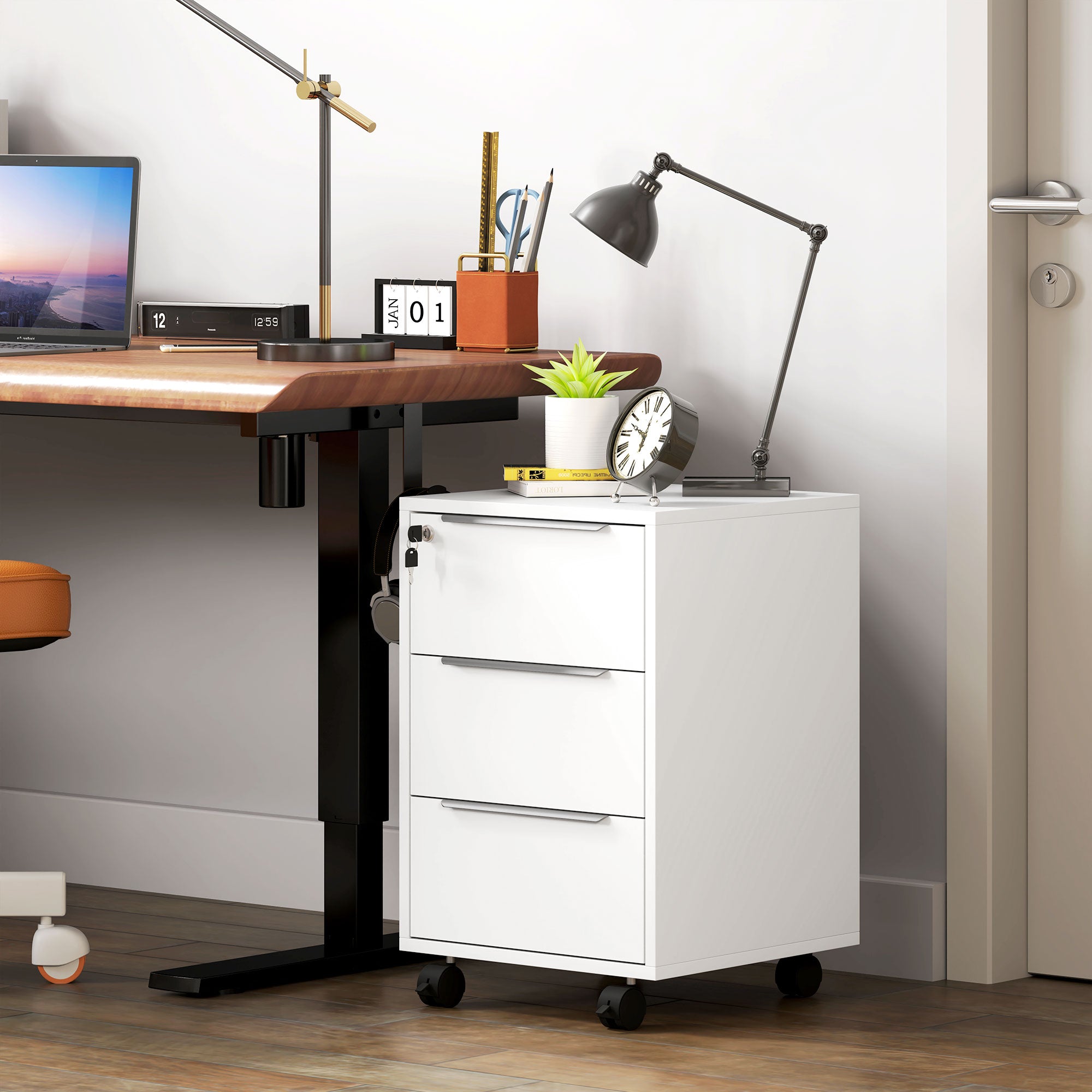 HOMCOM Three-Drawer Locking Filing Cabinet - White - North Peak Garden Furniture