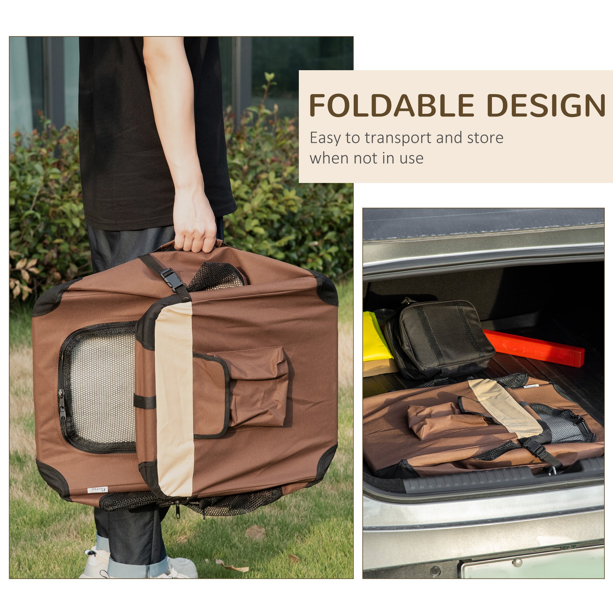 PawHut 60cm Foldable Pet Carrier, with Cushion, for Mini Dogs and Cats - Brown - North Peak Garden Furniture