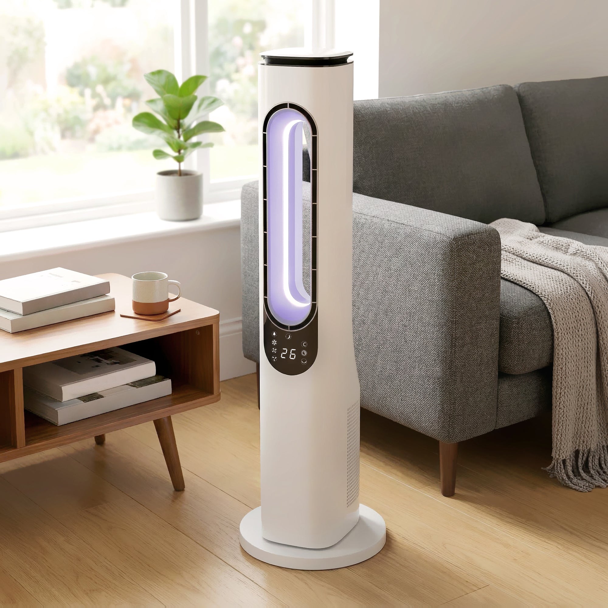 HOMCOM Bladeless Tower Fan for Bedroom, 35dB Standing Cooling Fan with 50° Oscillating, LED Lights, 3 Speeds, 15H Timer, White