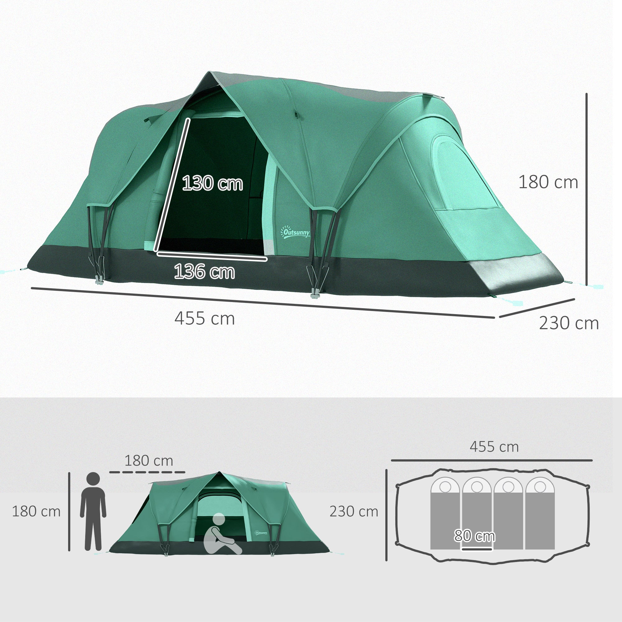 Outsunny 5-6 Man Dome Camping Tent Hiking Shelter UV Protection 3000mm Water Resistant Tunnel Tent - Dark Green