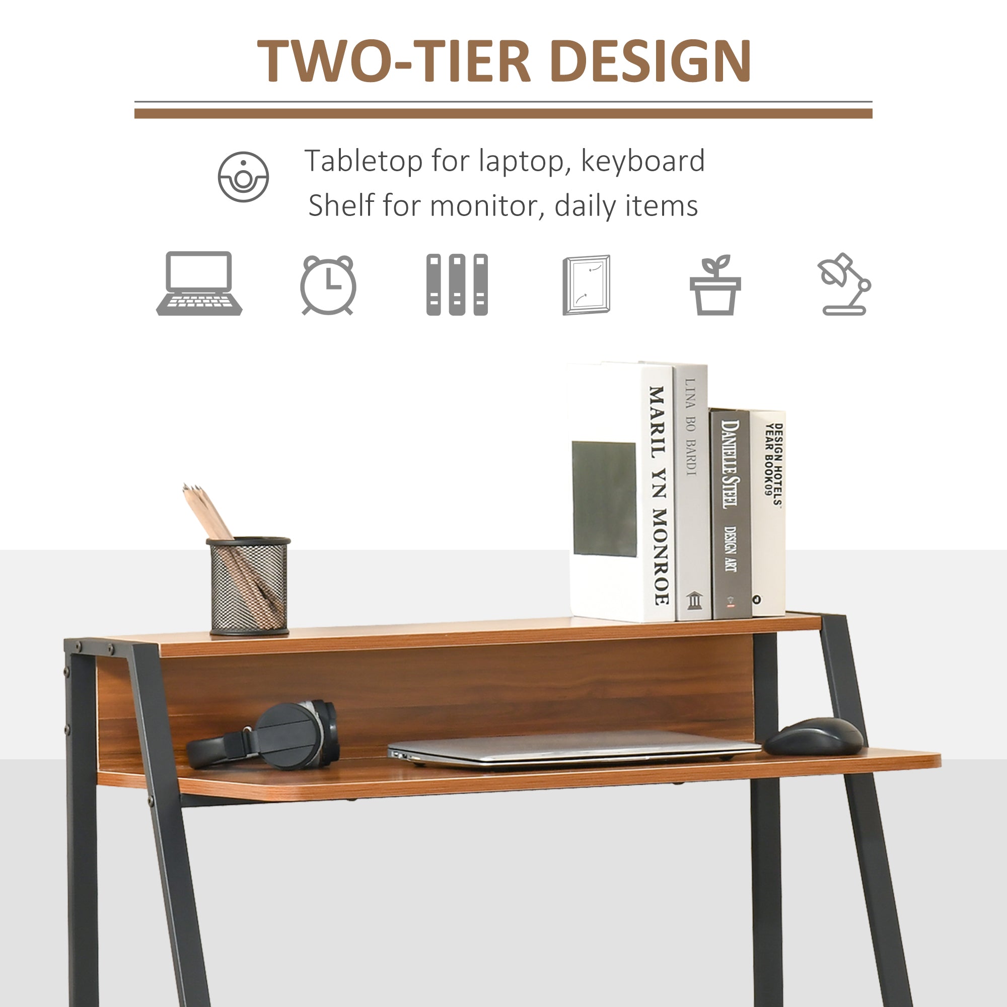 HOMCOM Writing Desk Computer Table Home Office PC Laptop Workstation Storage Shelf 84L x 45W cm Walnut - North Peak Garden Furniture