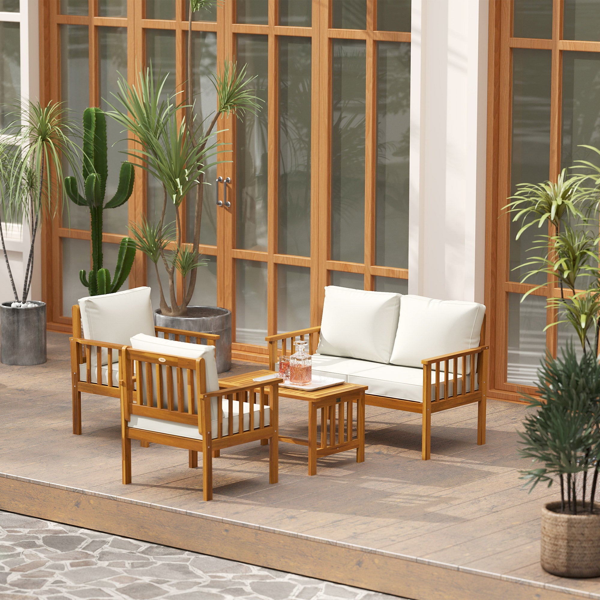Outsunny Four-Piece Acacia Wood Garden Sofa Set - Teak/Cream - North Peak Garden Furniture