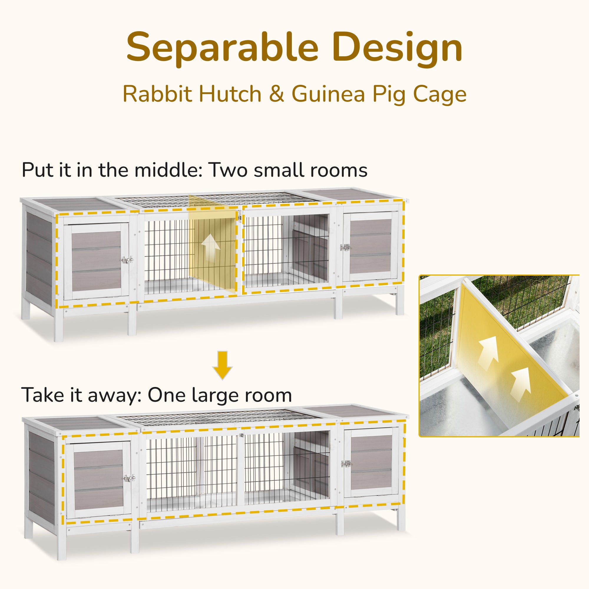 PawHut Rabbit Hutch and Run, with Removable Tray - Grey