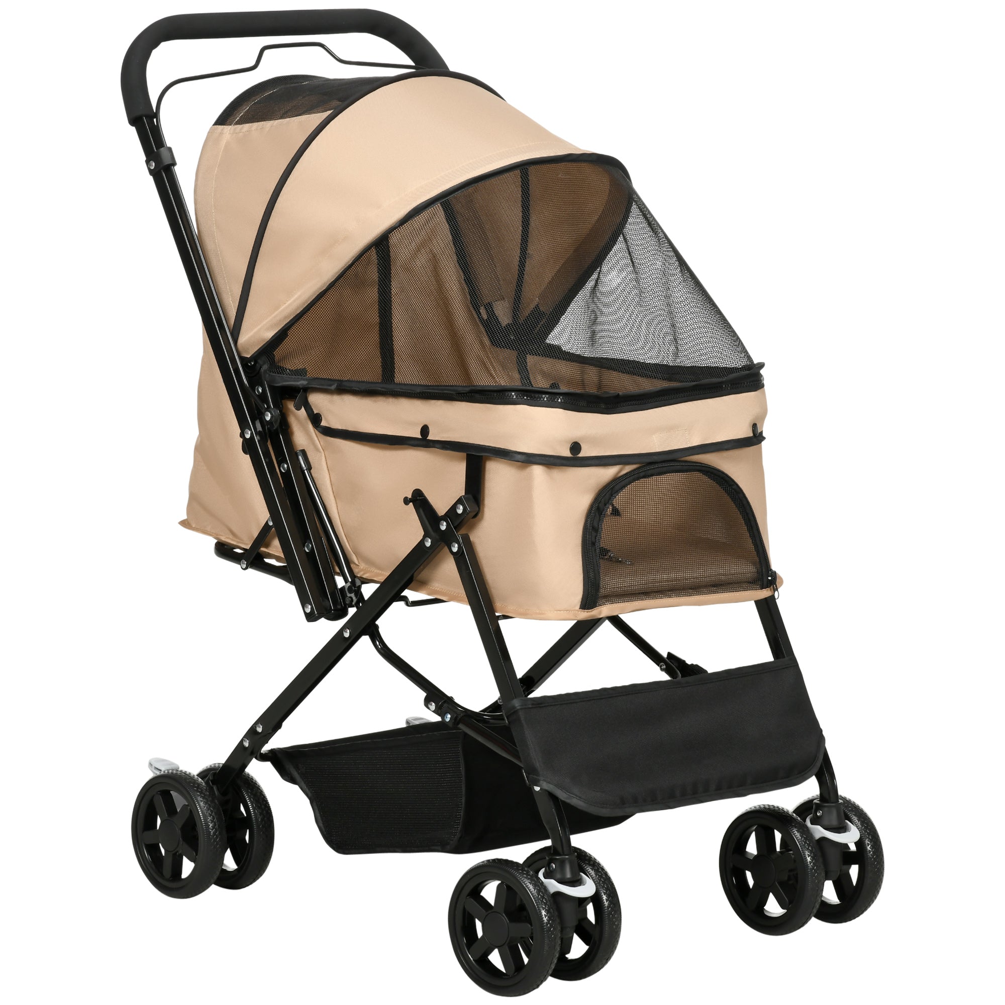 PawHut Pet Stroller Pushchair Foldable Travel Dog Cat Carriage w/ Reversible Handle Brake Basket - North Peak Garden Furniture