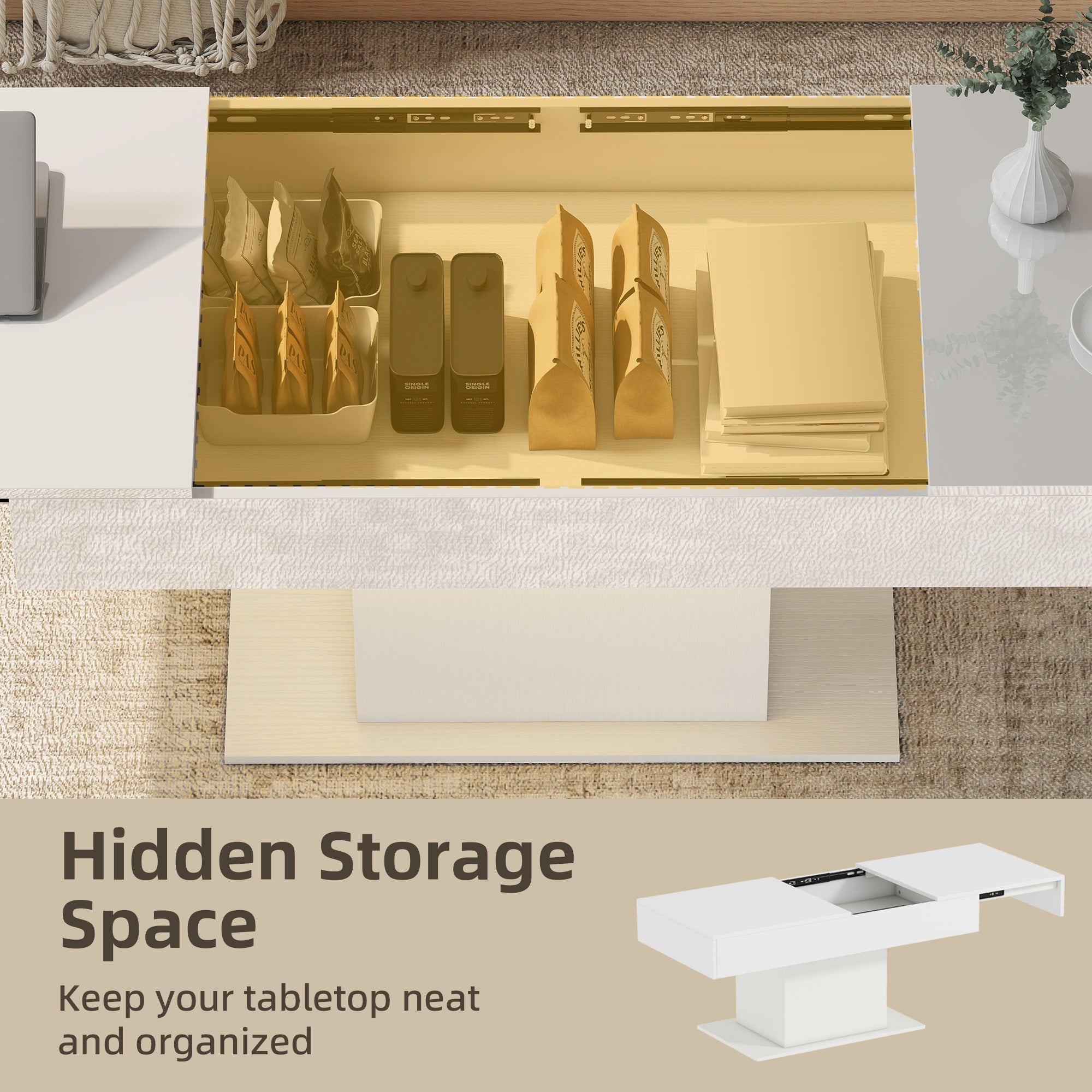 HOMCOM Extendable Coffee Table with LED Lights and Storage - High Gloss White