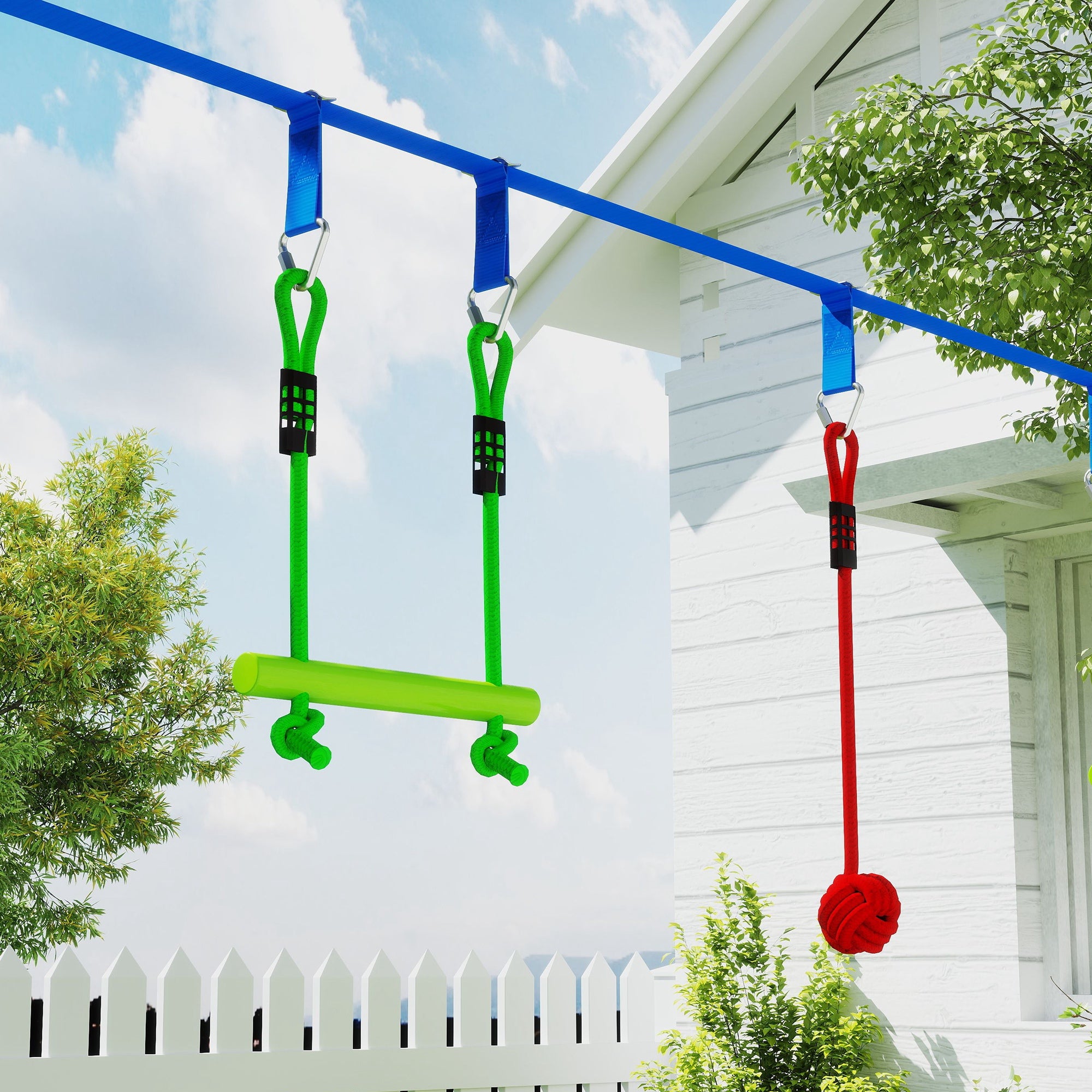 AIYAPLAY 10 Piece Zip Line Kit for Kids with 10m Slackline, Monkey Bars, Swing, Climbing Ladder, Hanging Tray, Metal Rings - North Peak Garden Furniture
