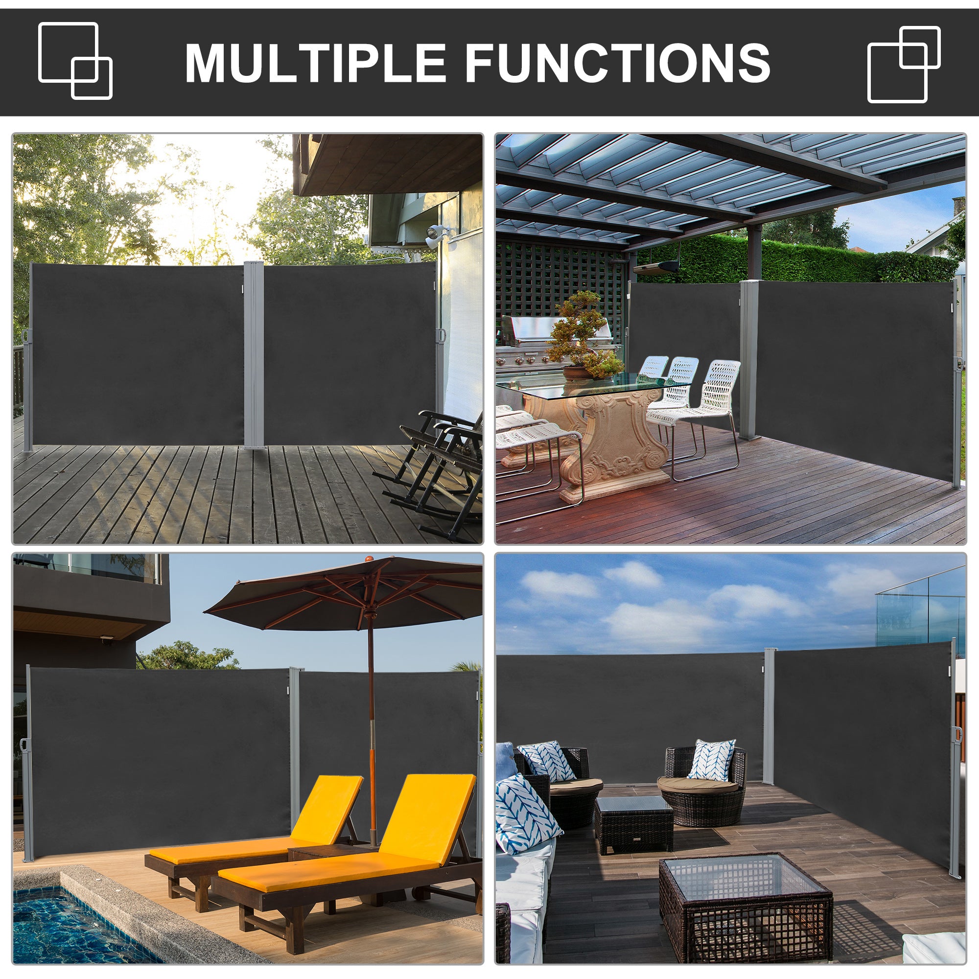 Outsunny Retractable Sun Side Awning Screen Fence Patio Garden Wall Balcony Screening Panel Outdoor Blind Privacy Divider (3x1.8M, Grey) - North Peak Garden Furniture