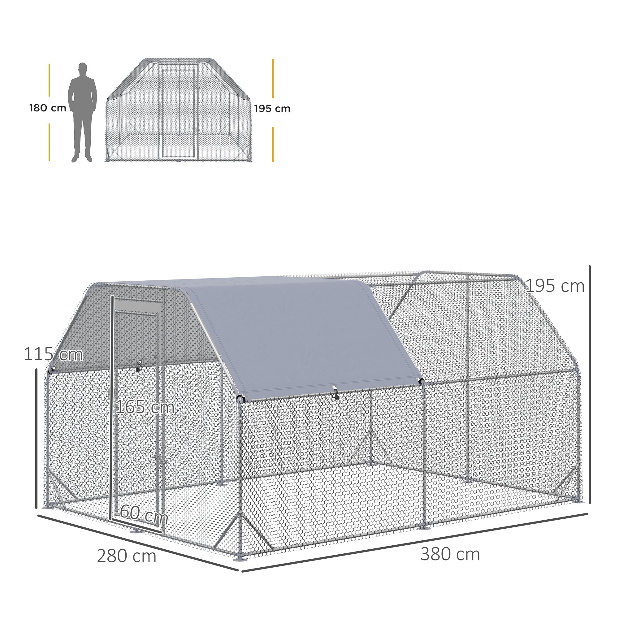 PawHut Walk in Chicken Run Chicken Coop Hen House Outdoor with Roof for 10-12 Chickens, 380 x 280 x 195cm - North Peak Garden Furniture