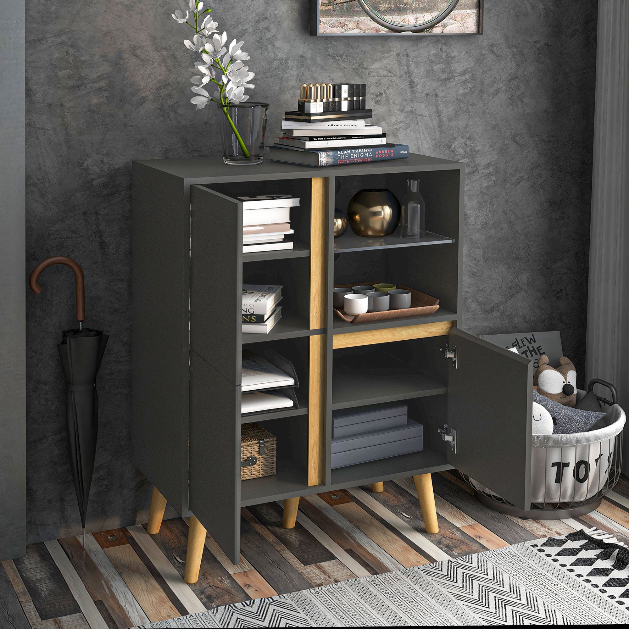 HOMCOM Storage Cabinet Sideboard with Tempered Glass Adjustable Shelves and Solid Wood Legs - North Peak Garden Furniture