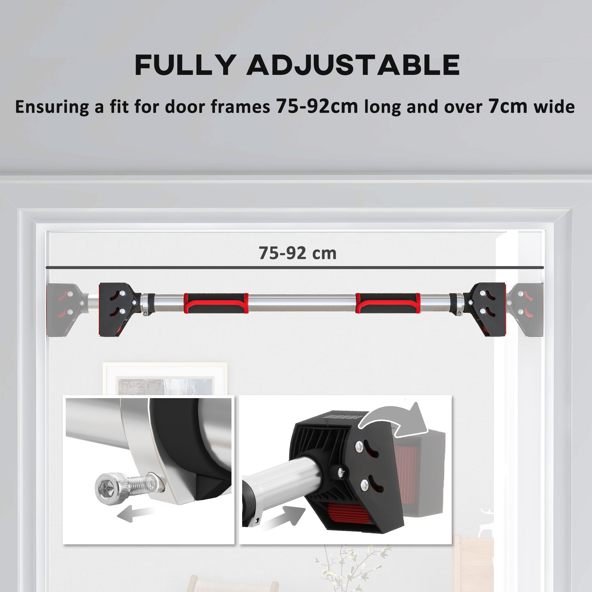 SPORTNOW Doorway Pull Up Bar, No Screws Door Frame Chin Up Bar, Adjustable Length (75-92cm) for Home Gym Workout, Max Load 200kg - North Peak Garden Furniture