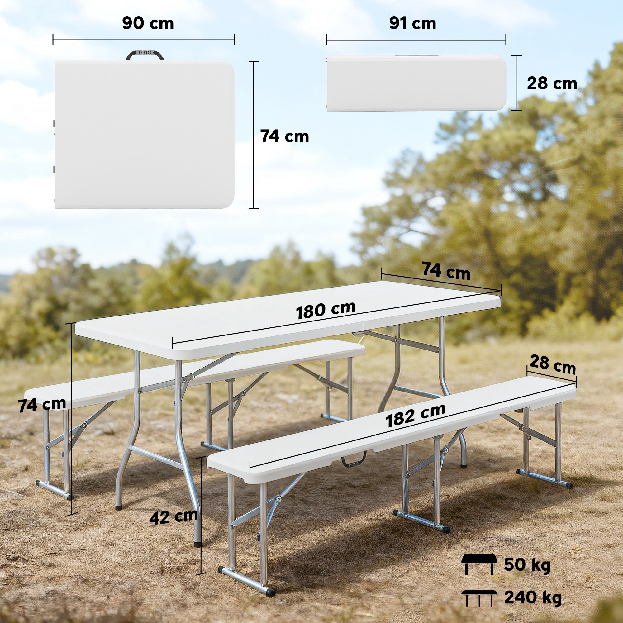 Outsunny 3 Piece 6ft Folding Picnic Table and Bench Set, Portable HDPE Camping Table and Chairs with Carrying Handles for Indoor Outdoor, Dining, Camping, Picnic, BBQ, Party, White