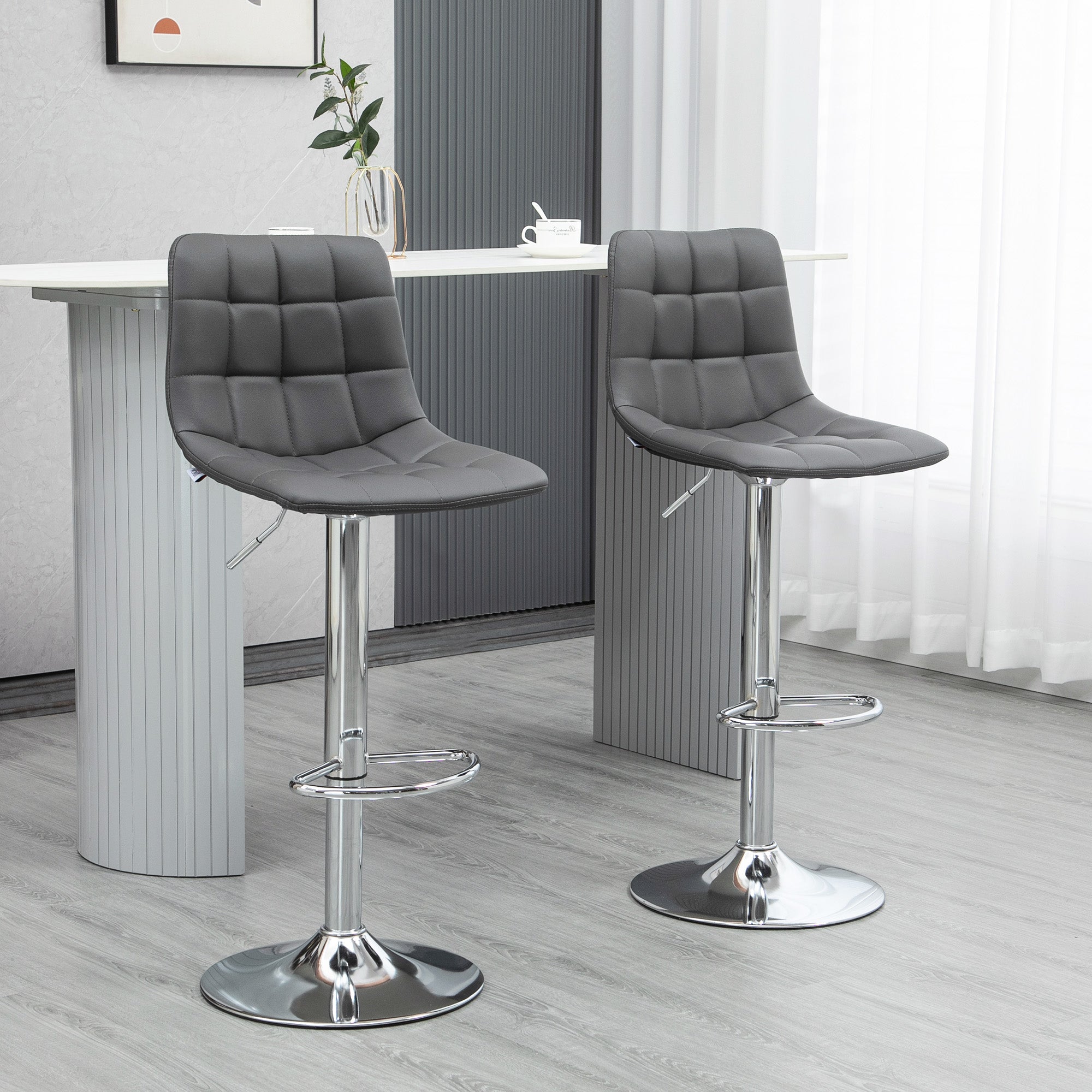 HOMCOM Adjustable Bar Stools Set of 2, Swivel PU Leather Upholstered Barstools with Tufted Seat and Back, Breakfast Bar Chairs for Kitchen Counter, Grey - North Peak Garden Furniture