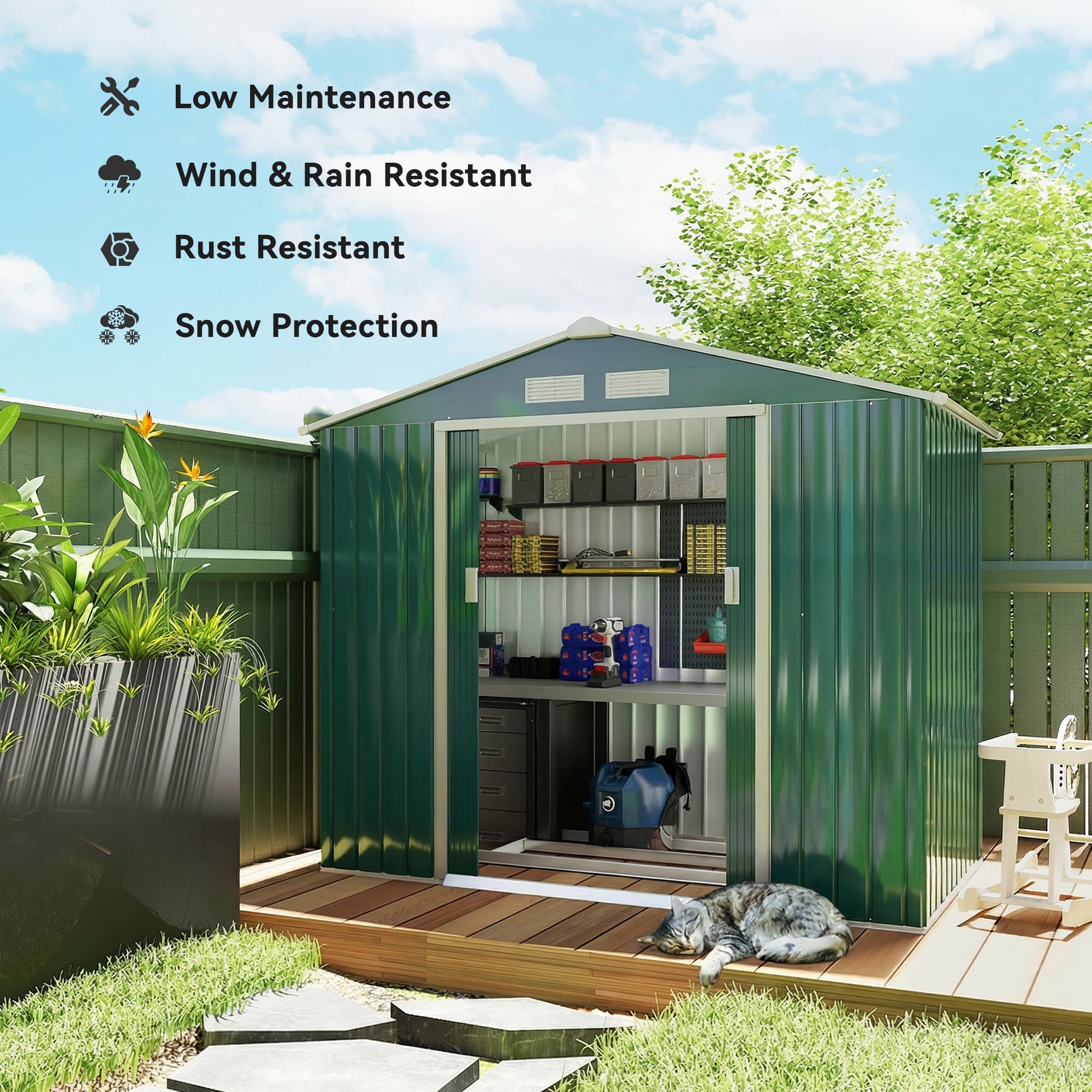 Outsunny 7 x 4ft Metal Garden Shed, Outdoor Storage Tool House with Ventilation Slots, Foundation Kit and Lockable Double Doors, Green