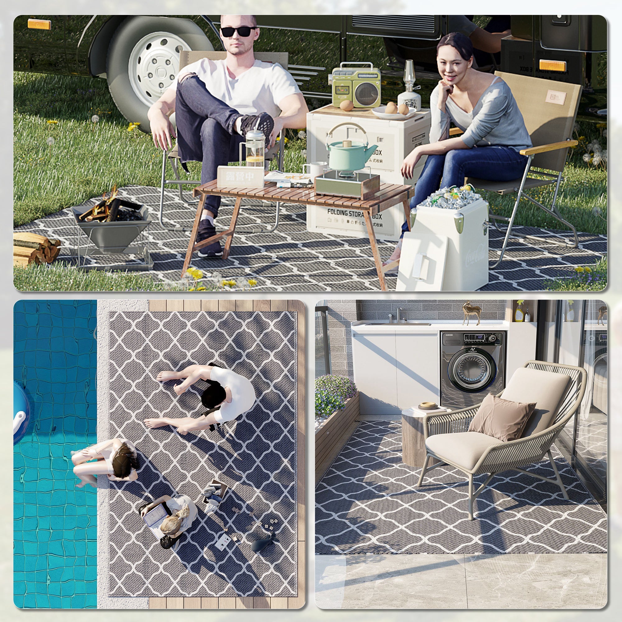 Outsunny Reversible Outdoor Rug with Carry Bag, Waterproof Plastic Straw Mat for Garden, Deck, RV, Picnic, Beach, Camping, 182 x 274cm, Grey - North Peak Garden Furniture
