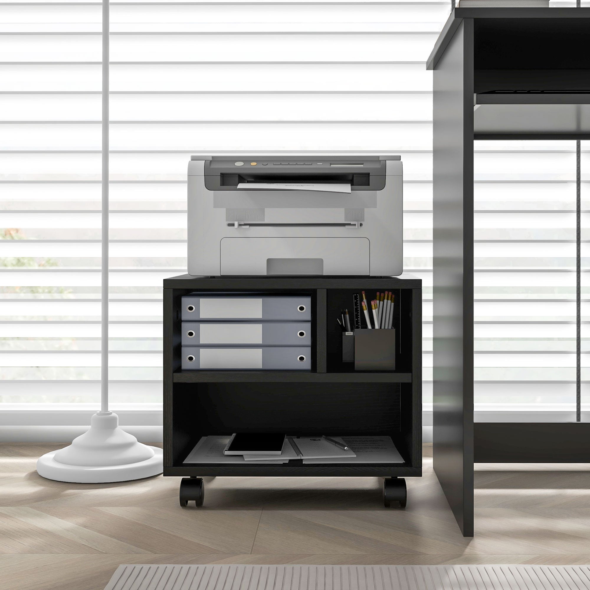 HOMCOM Three-Compartment Printer Cabinet, with Wheels - Black - North Peak Garden Furniture