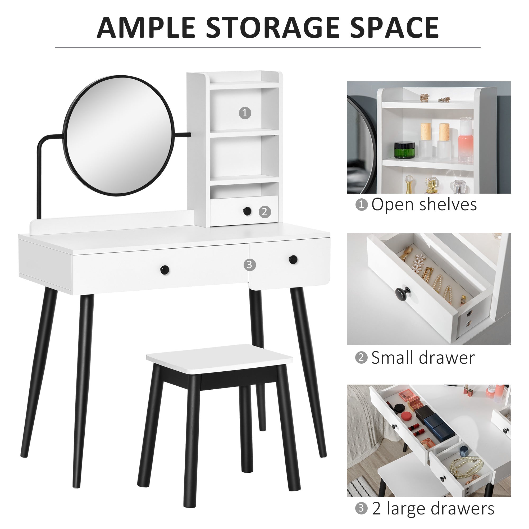 HOMCOM Dressing Table Set with Mirror and Stool, Vanity Makeup Table with 3 Drawers and Open Shelves for Bedroom, Living Room, White - North Peak Garden Furniture