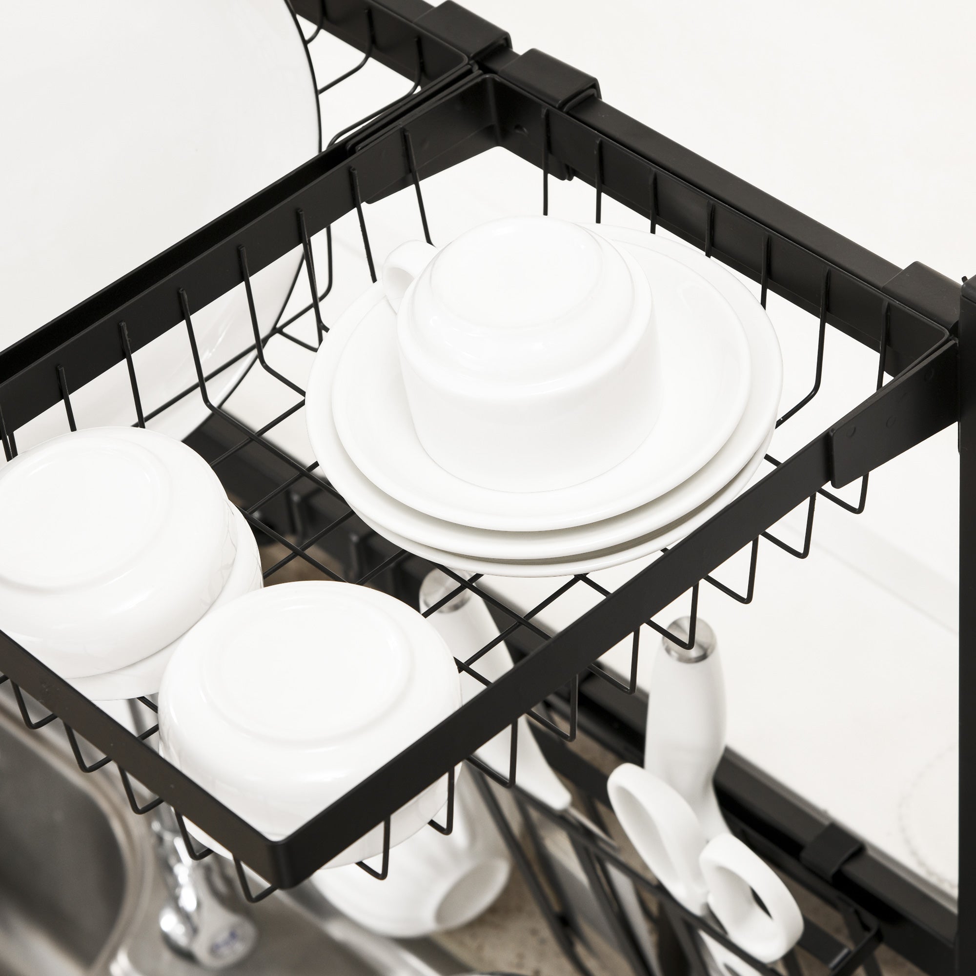 HOMCOM Space Saving 2 Tier Adjustable Dish Drainer Over The Sink Dish Drying Rack, Black