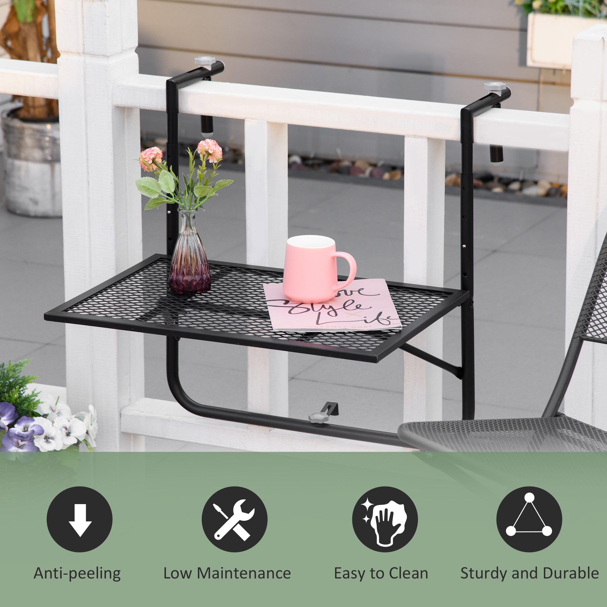 Outsunny Balcony Hanging Table, Metal Wall Mount Desk, Adjustable Folding Balcony Deck Table for Patio and Garden, Black - North Peak Garden Furniture