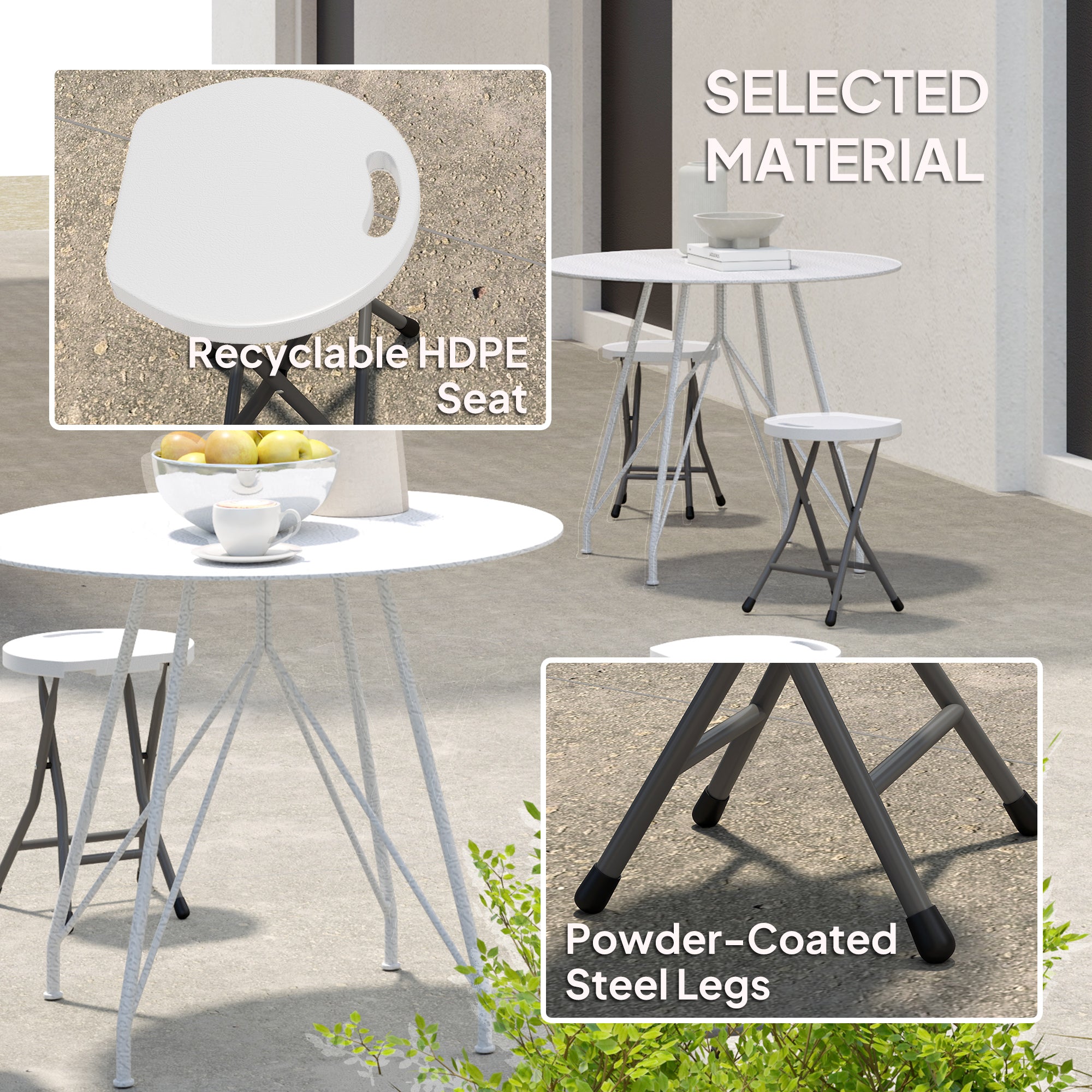 Outsunny Folding Stool Set of 4, Decorative Garden Stool Set with Safety Latch, Foldable Garden Stools with Powder-Coated Steel Legs HDPE Seat and Handle for Indoor and Outdoor, White - North Peak Garden Furniture