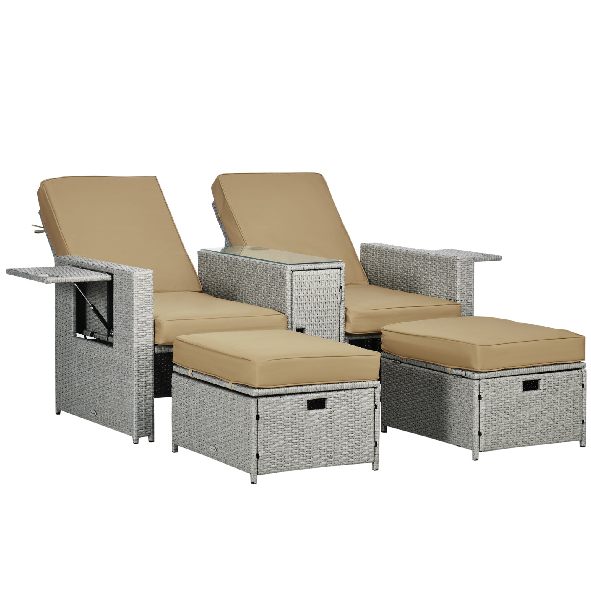 Outsunny 5PC PE Rattan Sun Lounger, Outdoor Wicker 5-level Adjustable Recliner Sofa Bed with Storage Side Table and Footstools, for Patio, Garden, Poolside, Beige - North Peak Garden Furniture
