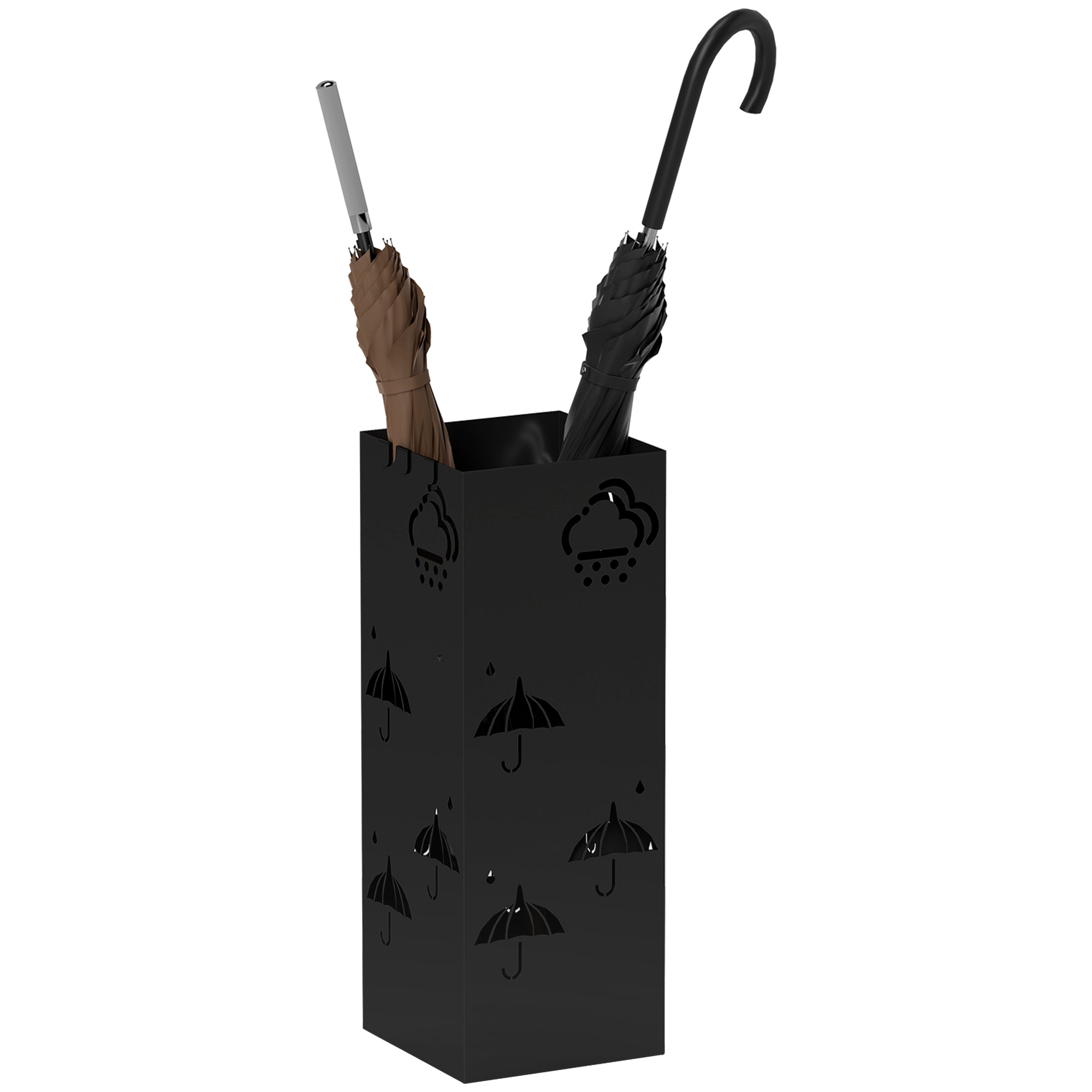 HOMCOM Metal Umbrella Stand, Square Umbrella Holder with Removable Drip Tray and 4 Hooks, Decorative Umbrella Storage Rack for Hallway, Entryway, 15.5 x 15.5 x 41 cm, Black - North Peak Garden Furniture
