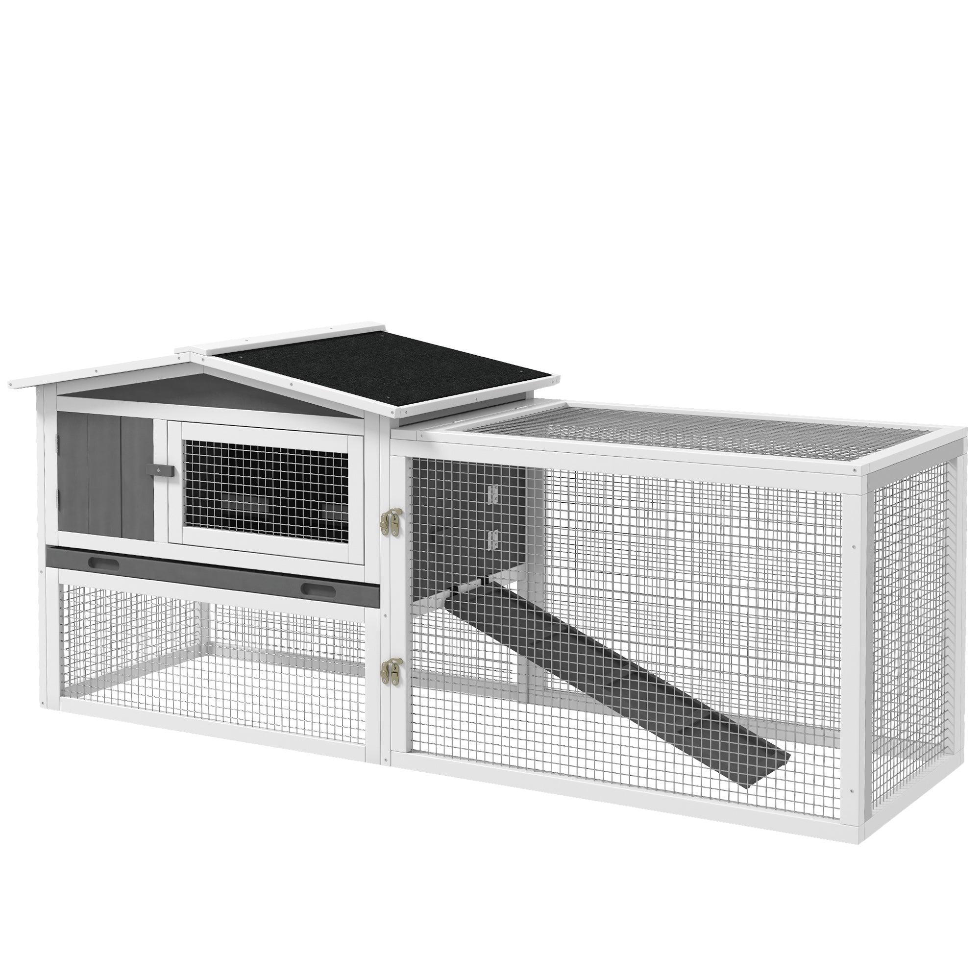 PawHut Rabbit Hutch with Run Wooden Guinea Pig Hutch Outdoor Bunny Cage Hide House with Sliding Tray, Hay Rack, Ramp, 156 x 58 x 68cm, Grey - North Peak Garden Furniture