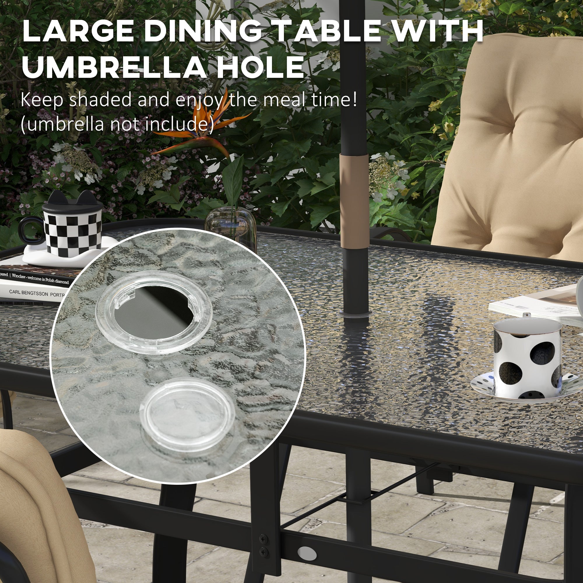 Outsunny 7 Piece Garden Dining Set, Outdoor Dining Table and 6 Cushioned Armchairs, Tempered Glass Top Table w/ Umbrella Hole, Texteline Seats, Beige - North Peak Garden Furniture