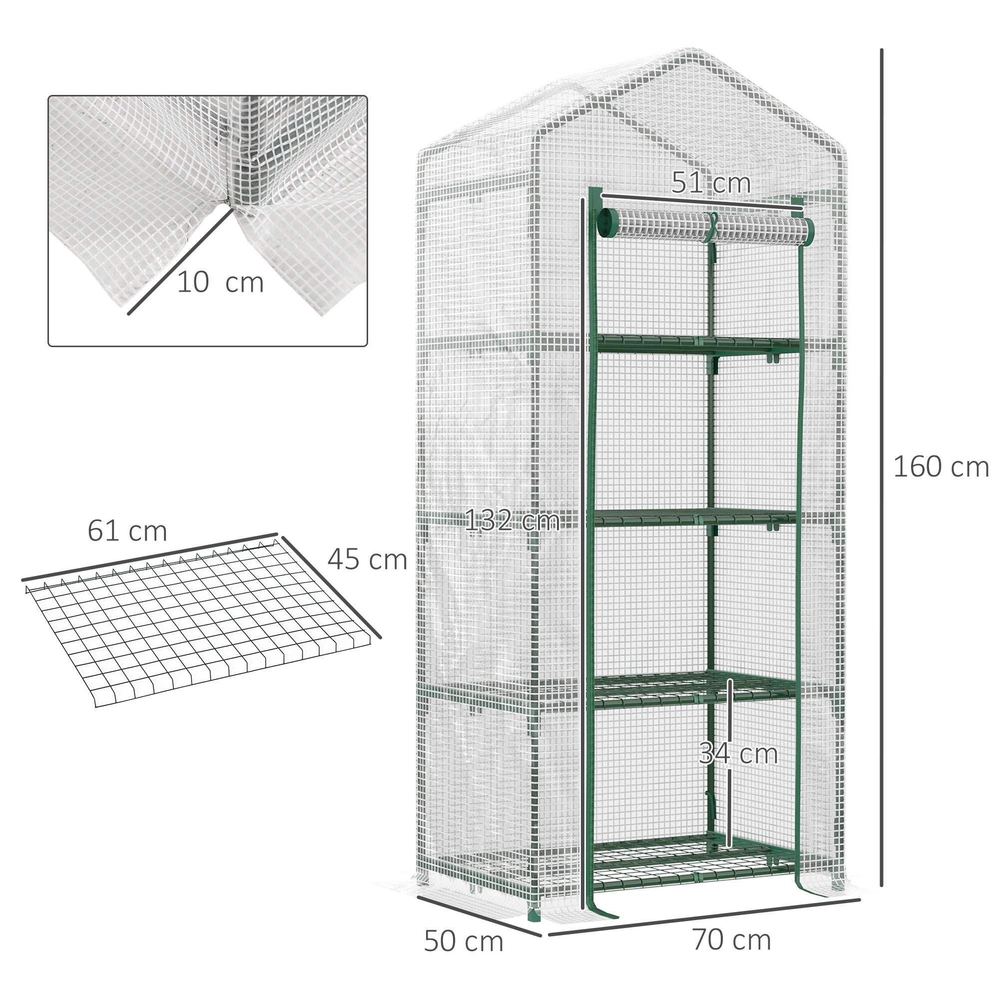 Outsunny 4 Tier Mini Greenhouse, Portable Green House with Steel Frame, PE Cover, Roll-up Door, 70 x 50 x 160 cm, White | Aosom UK