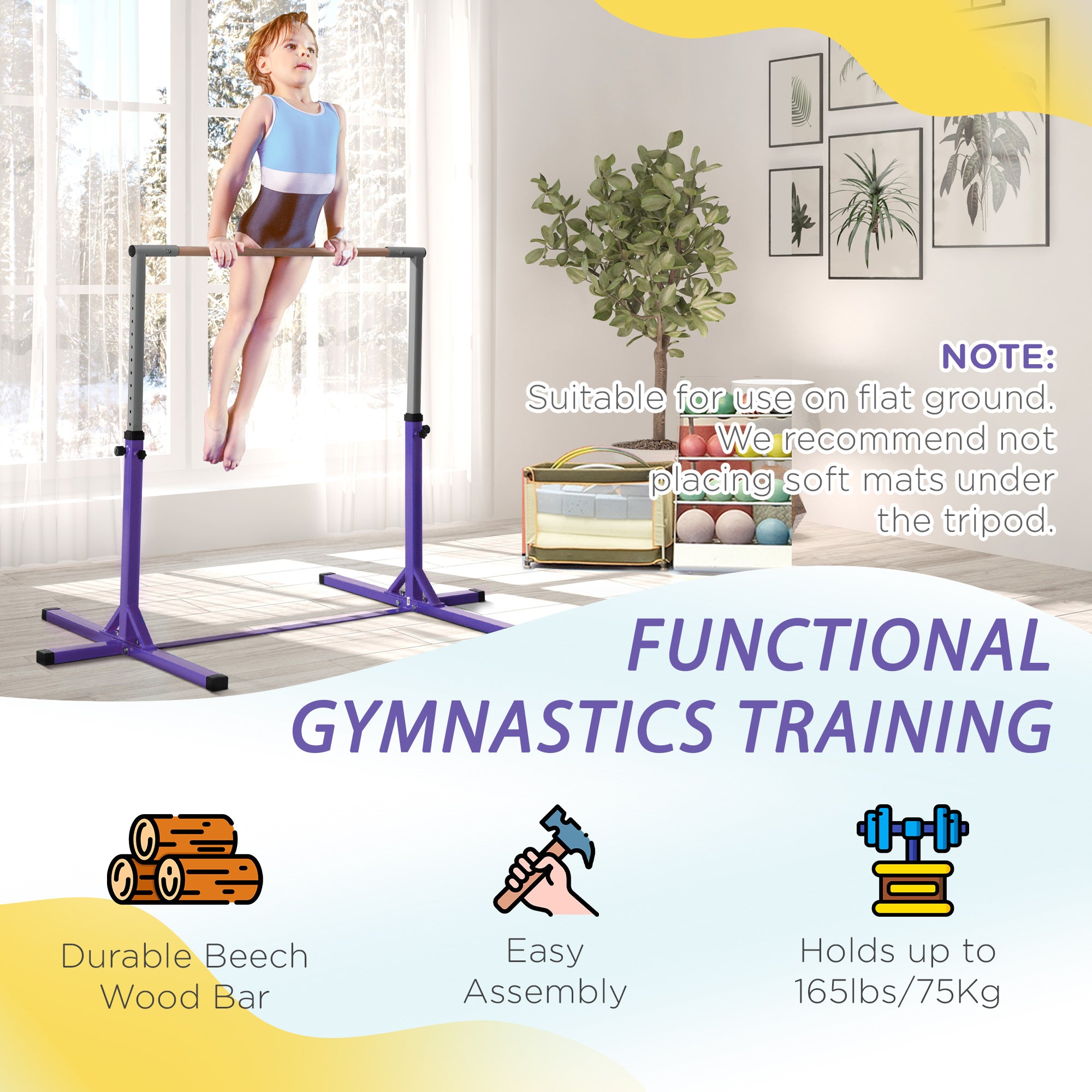 HOMCOM Steel Frame Adjustable Horizonal Gymnastics Bar For Kids Home Gym Training Purple - North Peak Garden Furniture