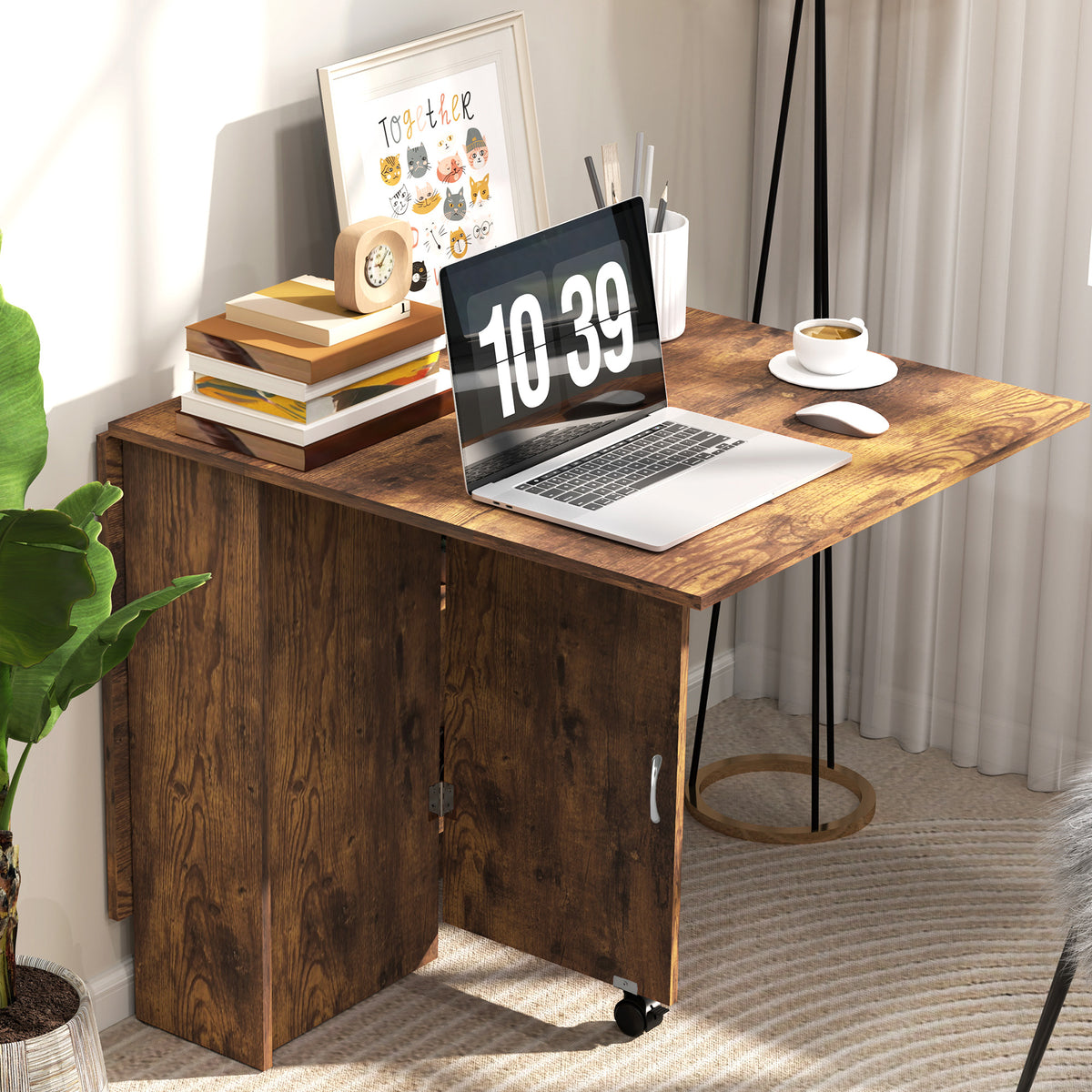 HOMCOM 80-140 cm Folding Dining Table for 4-6 People, Drop Leaf Table with 2-Tier Shelves, Rolling Casters, Rustic Brown