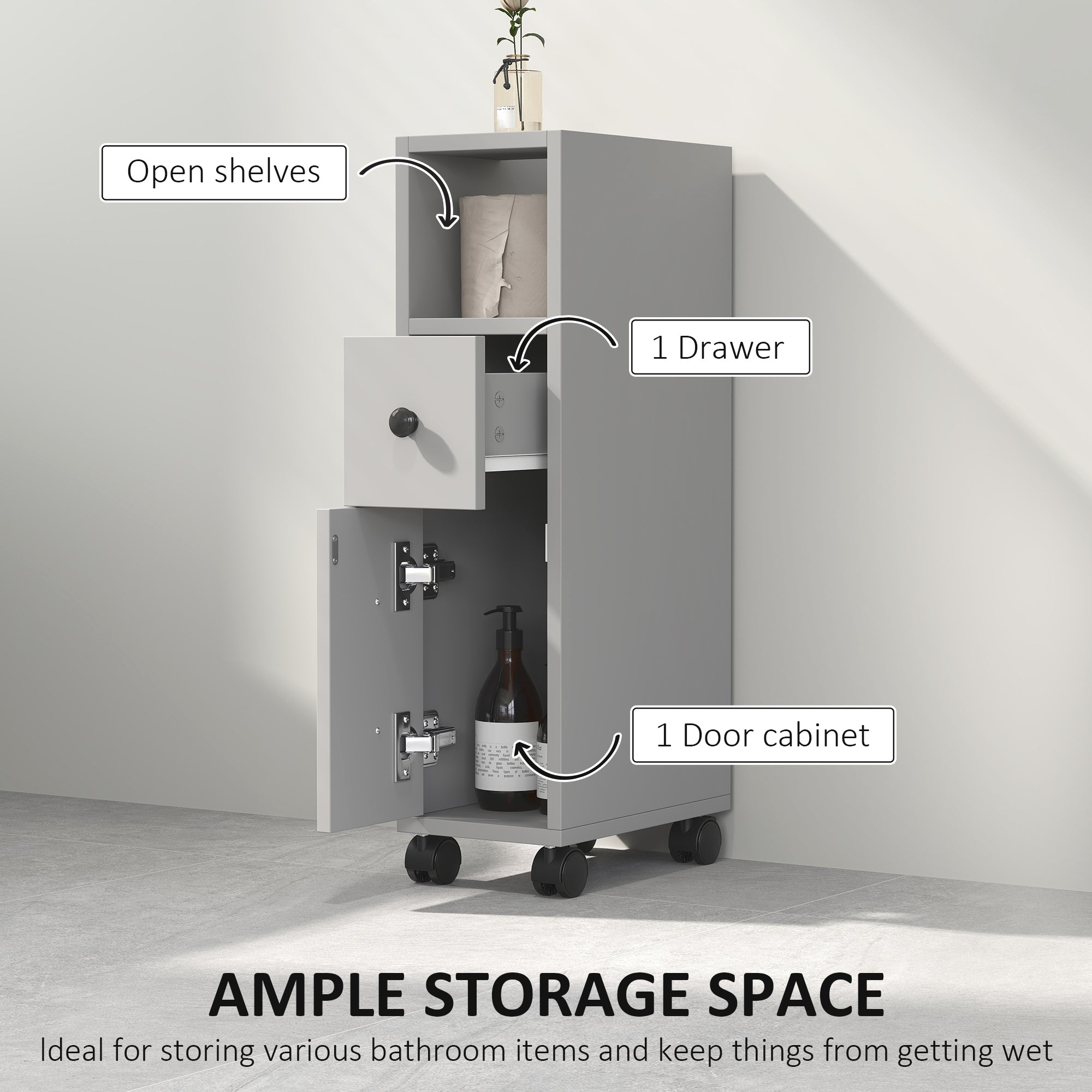kleankin Slimline Bathroom Storage Cabinet - Grey - North Peak Garden Furniture