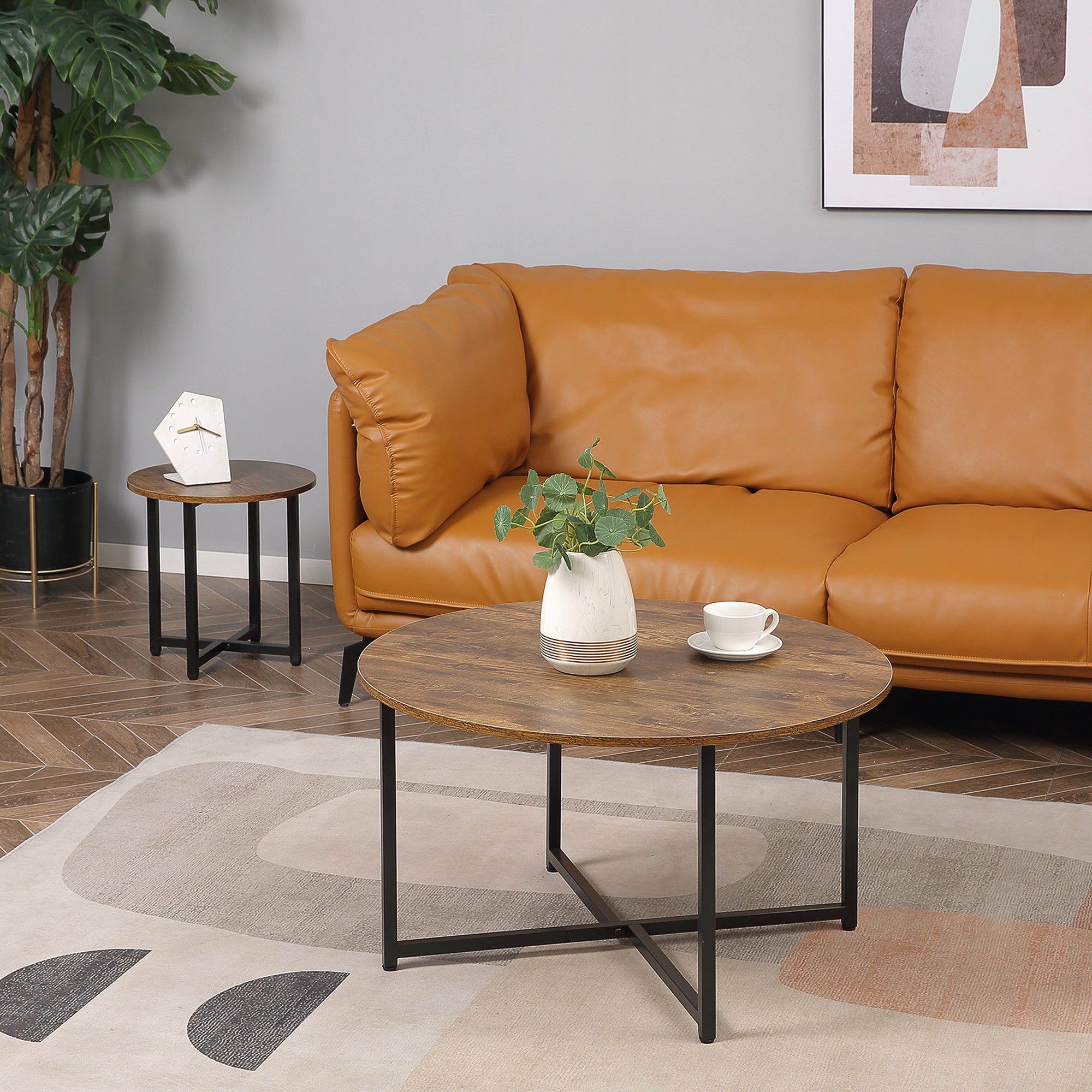 HOMCOM Round Coffee Table, Set of 2 Side Table with Metal Frame, Industrial End Table for Living Room Bedroom, Rustic Brown - North Peak Garden Furniture