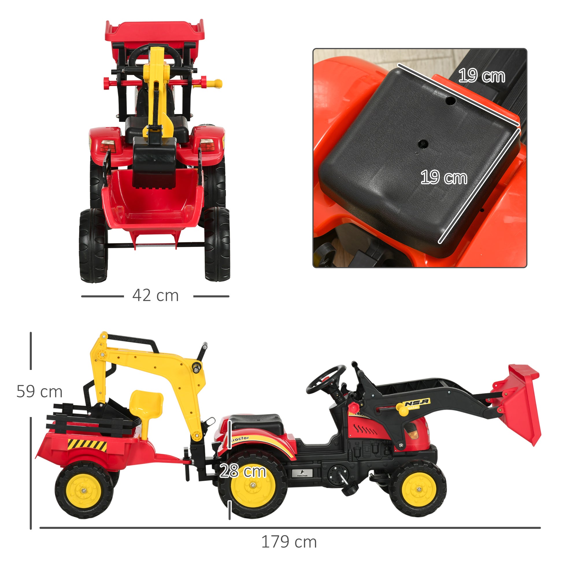 HOMCOM Kids Children Pedal Go Kart Ride On Toy Car Excavator Tractor w/ Moving Bucket Steering Wheel Removable Digger For 3 - 6 Years - North Peak Garden Furniture