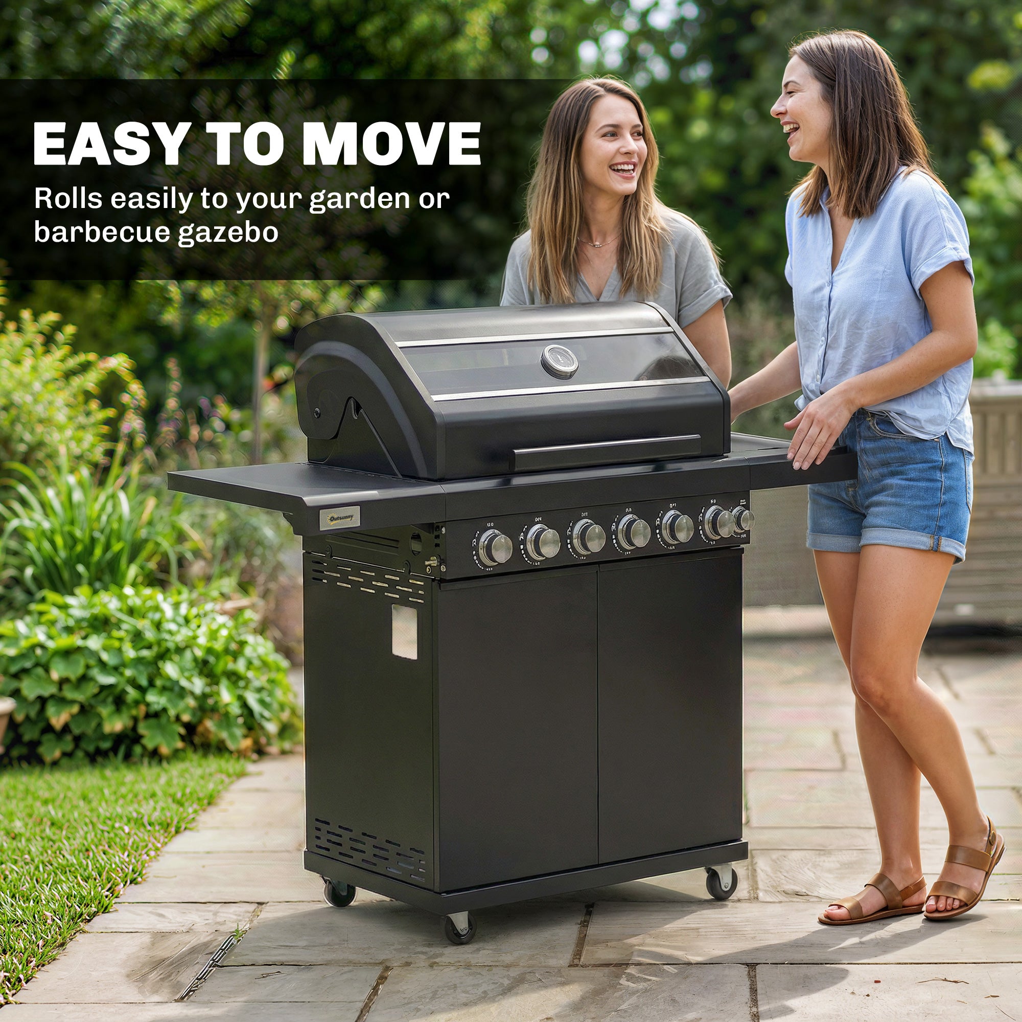 Outsunny 6+1 Burner Gas BBQ Grill, Outdoor Barbecue Trolley with Wheels, Warming Rack, Thermometer, Bottle Opener, Black