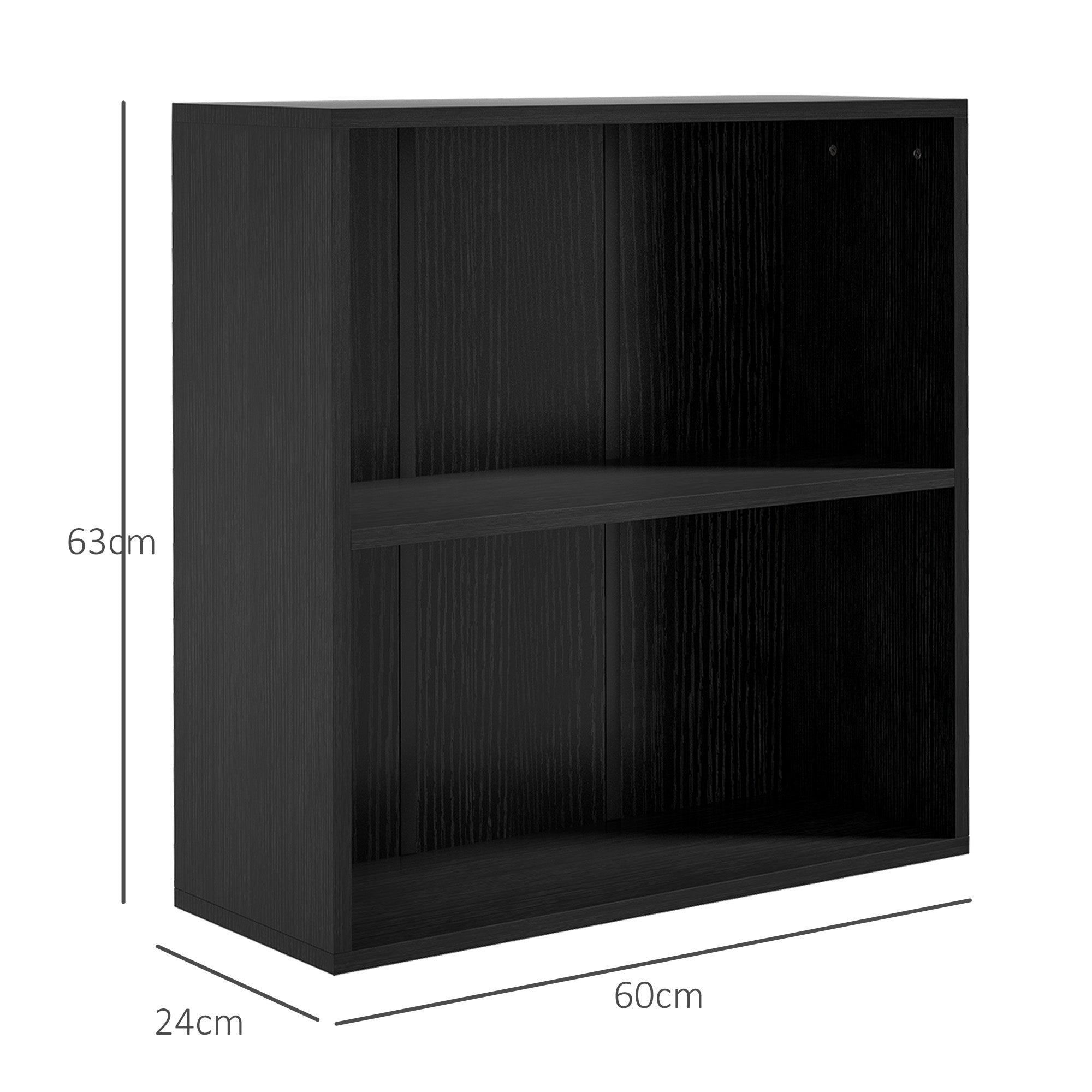 HOMCOM 2 Tier Bookshelf, Low Bookcase with Adjustable Shelf, 2 Compartments for Home Office, Living Room, Study, Black - North Peak Garden Furniture