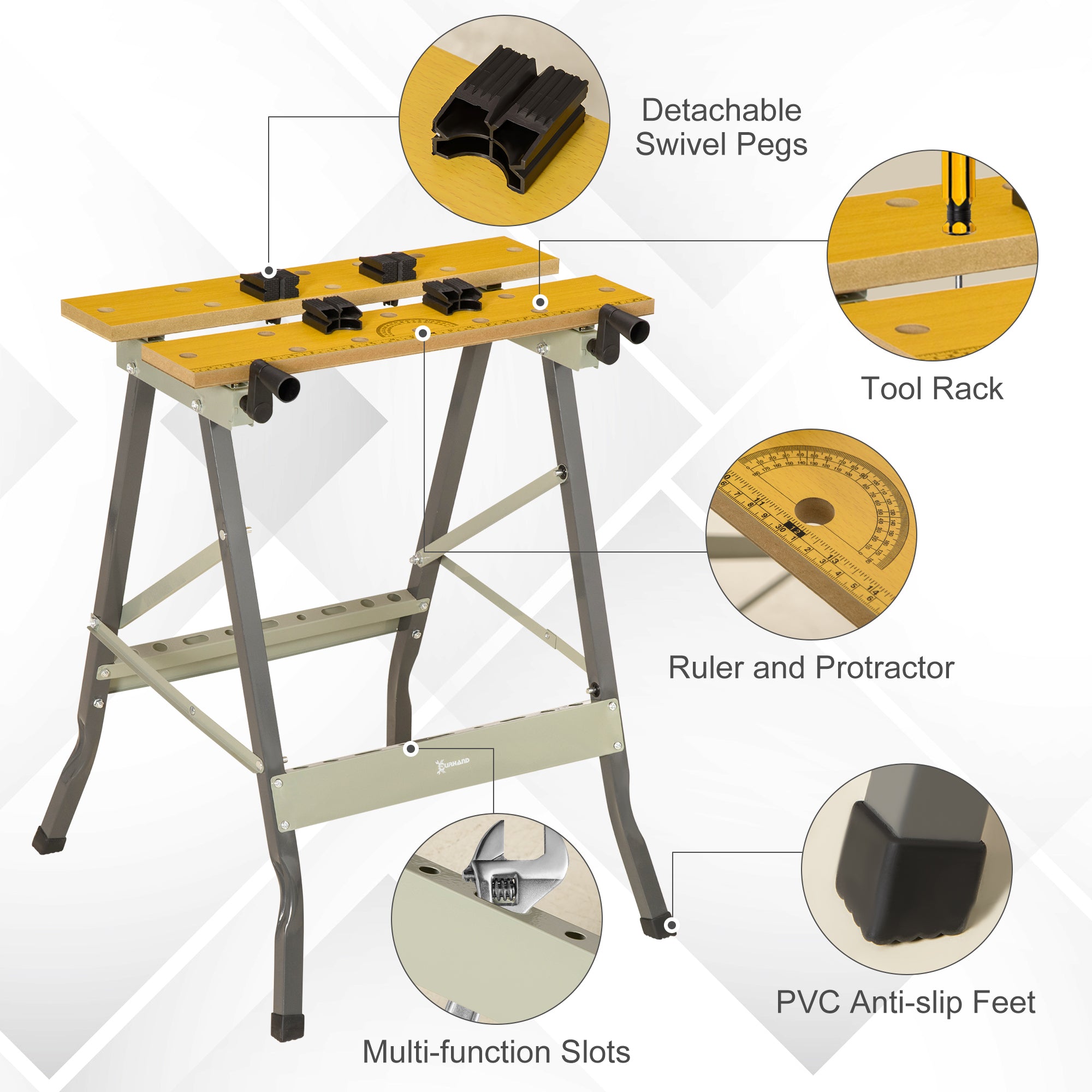 DURHAND 4-in-1 Work Bench, Saw Horse Folding Clamp Table w/ 4 Adjustable Clamping Pegs for DIY Home Garage, Grey - North Peak Garden Furniture