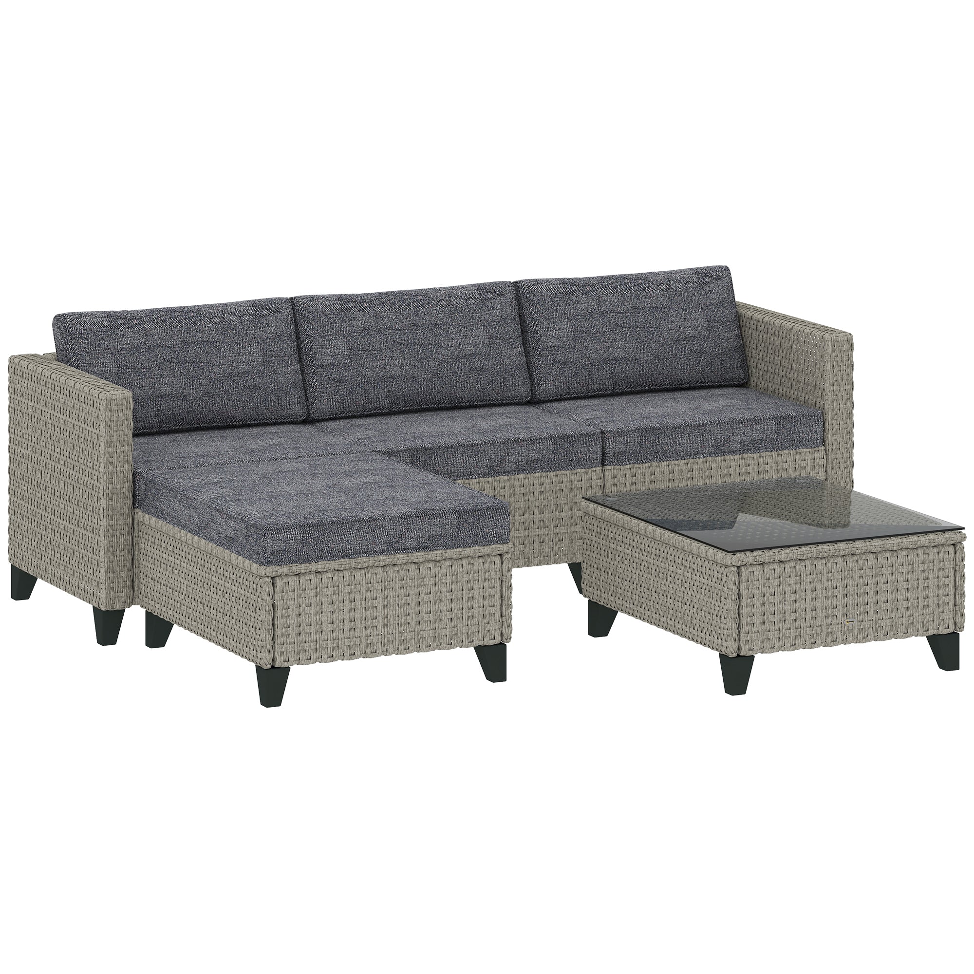 Outsunny 5-Piece Rattan Patio Furniture Set with Corner Sofa, Footstools, Coffee Table, for Poolside, Dark Grey - North Peak Garden Furniture