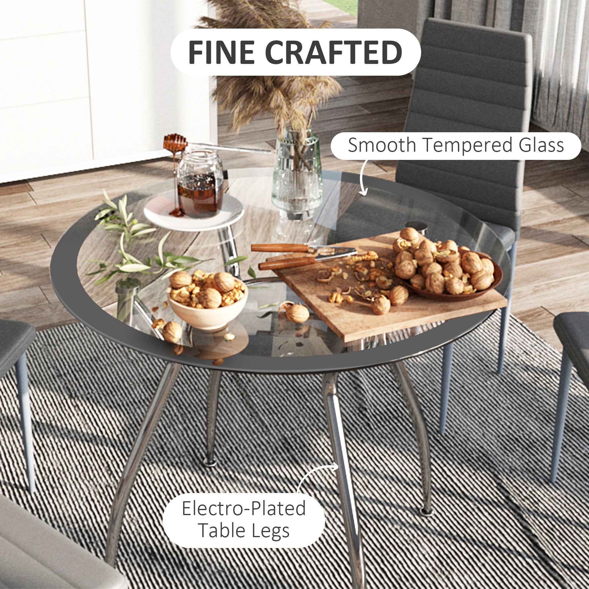 HOMCOM Five-Piece Dining Set, with Padded Chairs and Glass-Top Table - Grey - North Peak Garden Furniture